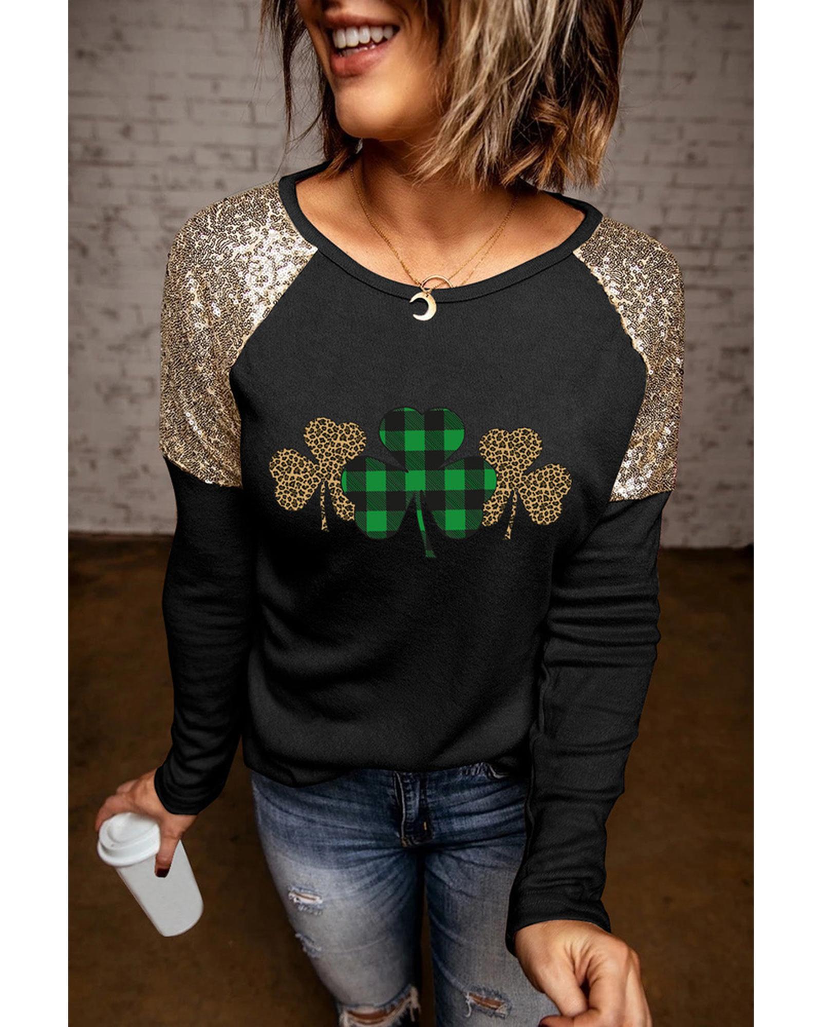 Azura Exchange Sequin Patchwork Plaid Leopard Long Sleeve Top - M