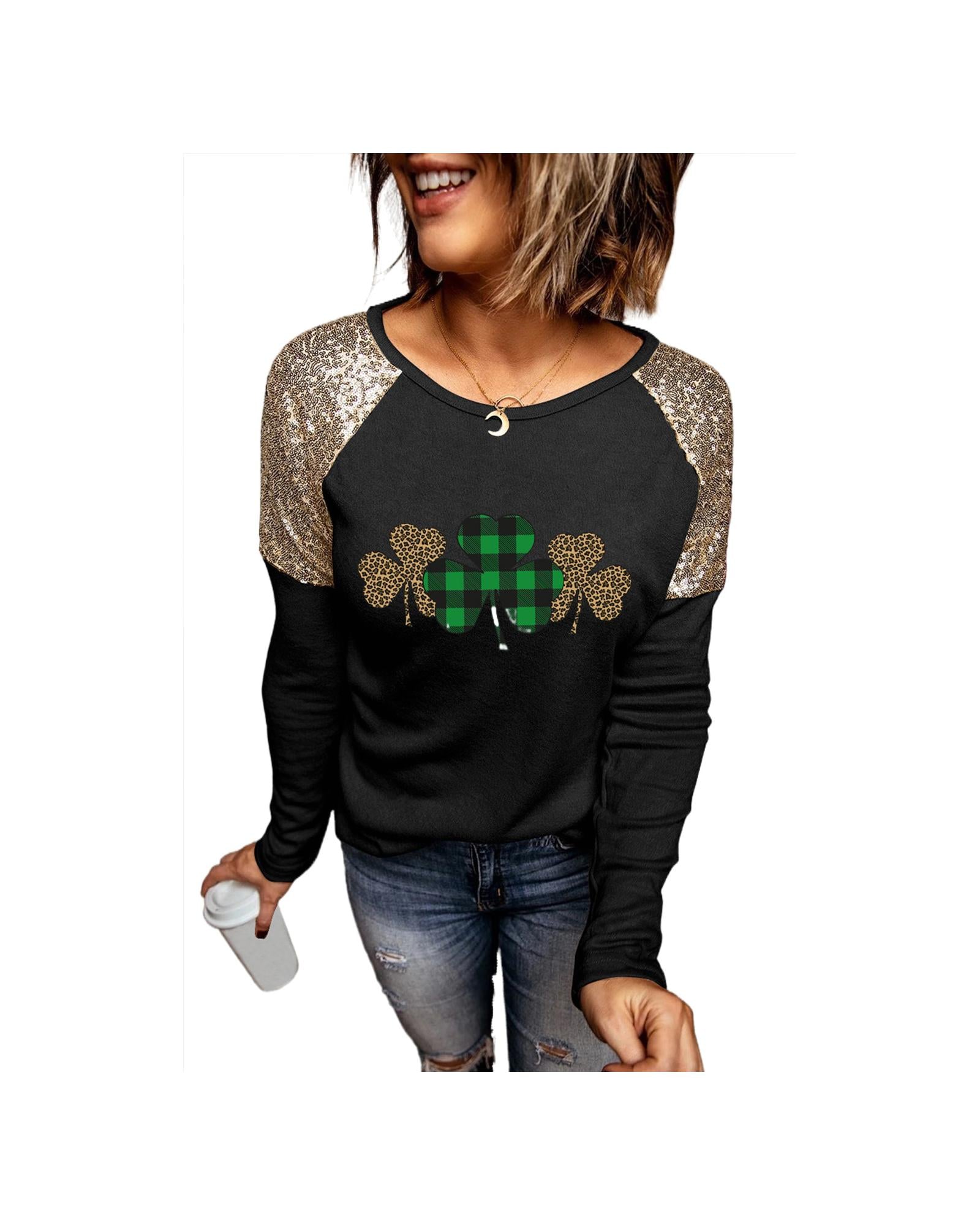 Azura Exchange Sequin Patchwork Plaid Leopard Long Sleeve Top - S