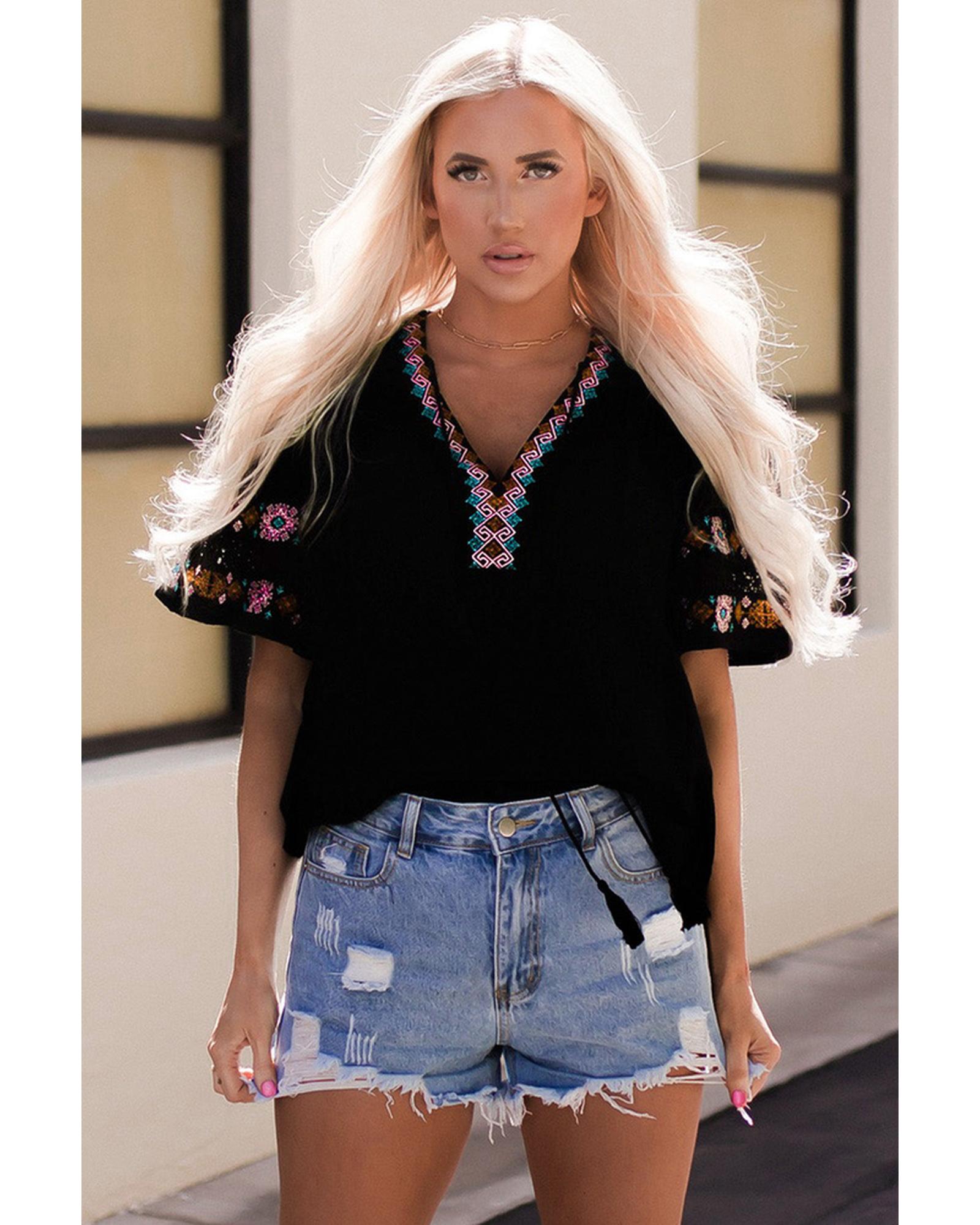 Azura Exchange Embroidered V Neck Top with Tassel Drawstring - S