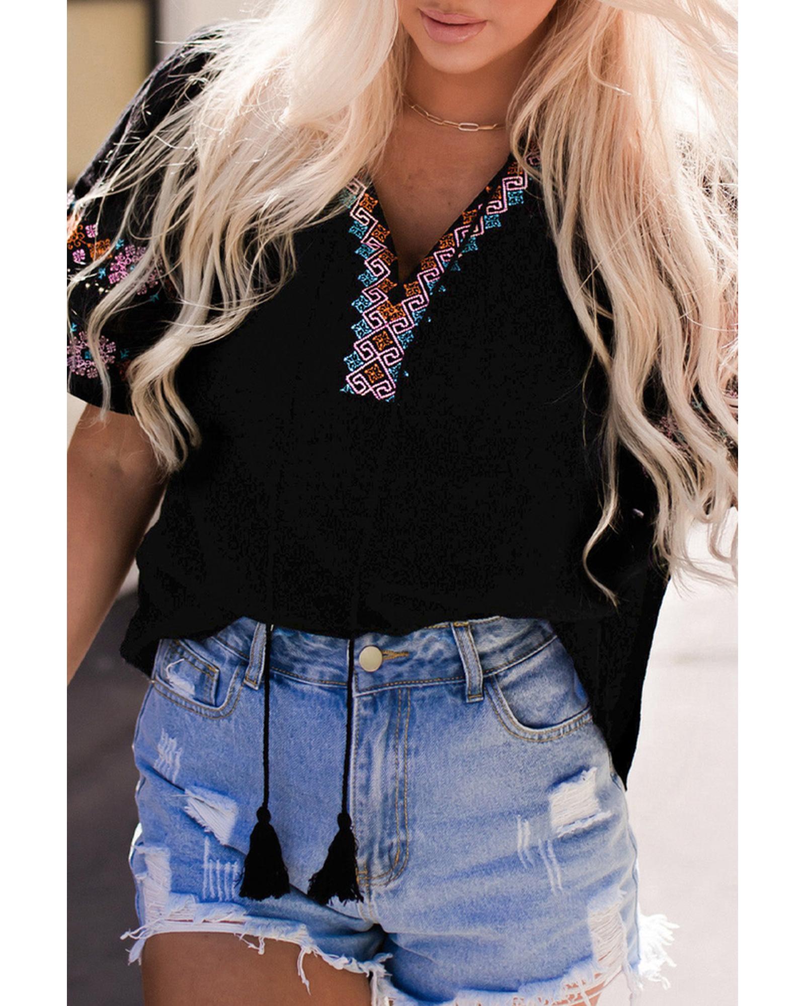 Azura Exchange Embroidered V Neck Top with Tassel Drawstring - S