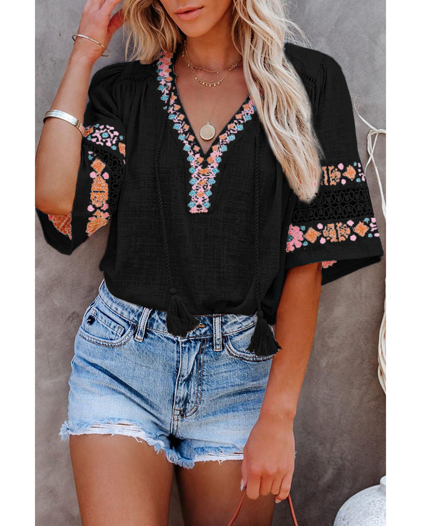 Azura Exchange Embroidered V Neck Top with Tassel Drawstring - S