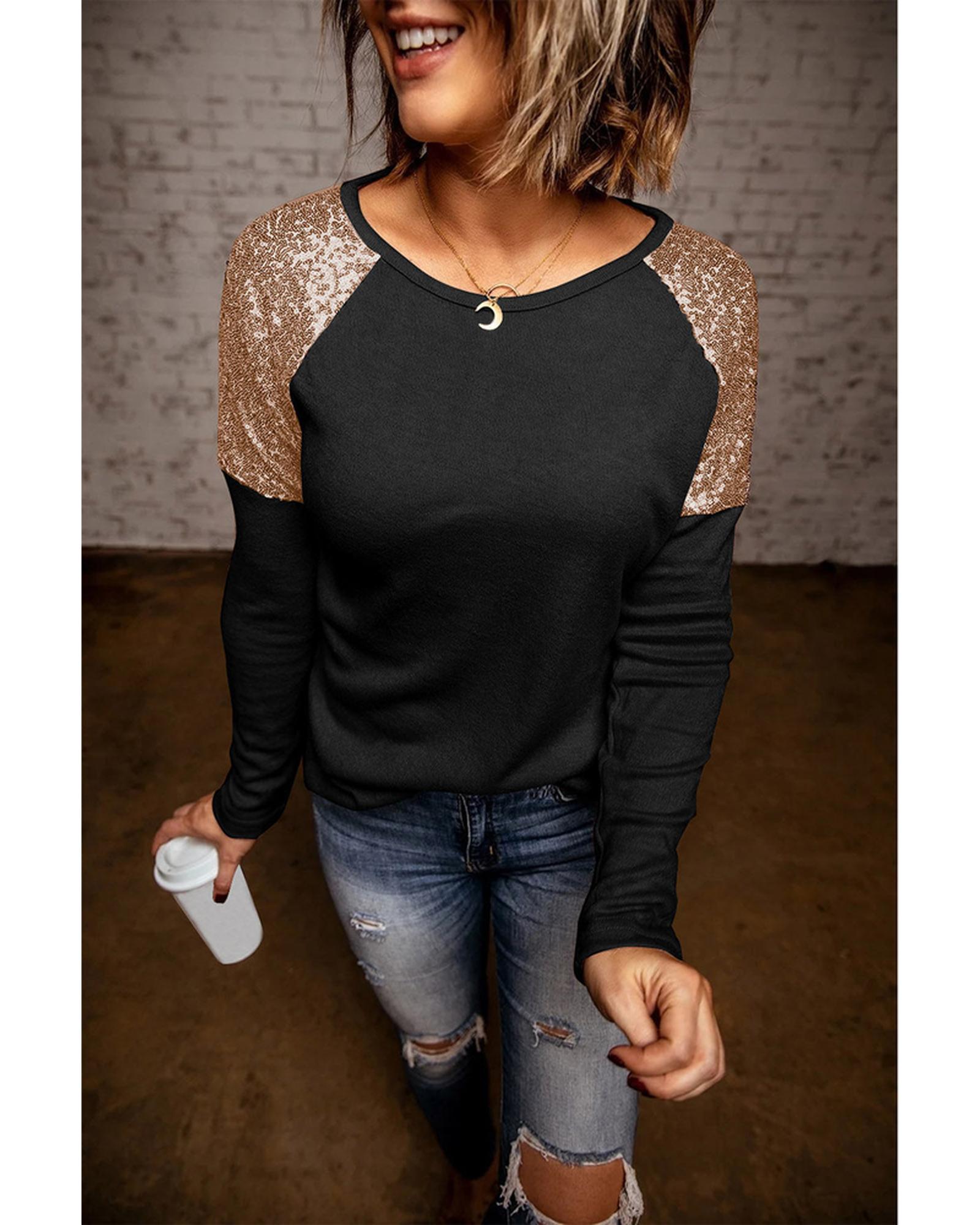 Azura Exchange Sequin Shoulder Long Sleeve Top - L