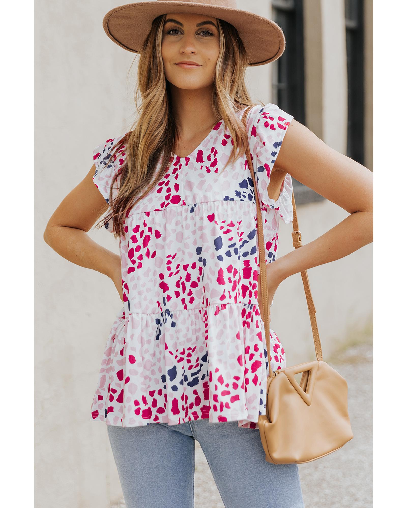 Spotted Print Ruffled V Neck Tank Top - S