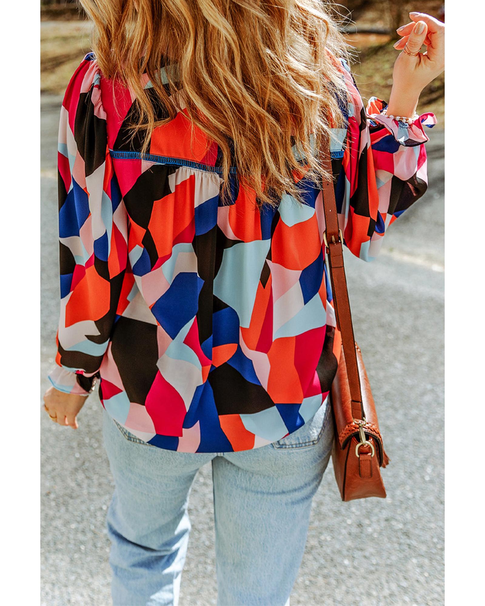 Azura Exchange Ruffled Puff Sleeve Abstract Pattern Blouse - S