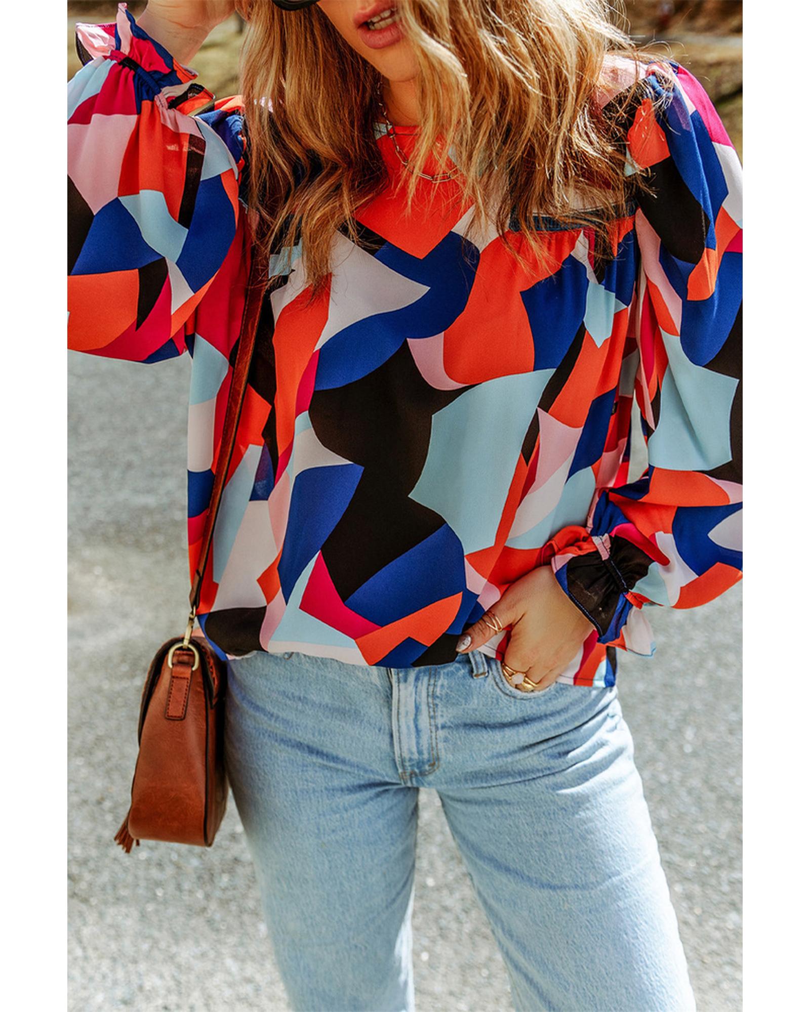 Azura Exchange Ruffled Puff Sleeve Abstract Pattern Blouse - S