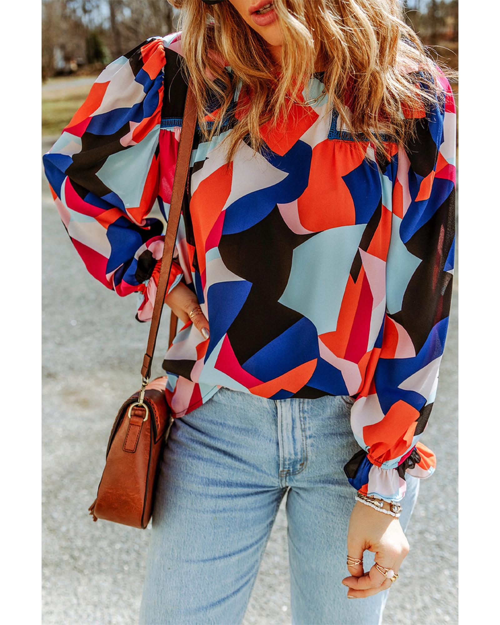 Azura Exchange Ruffled Puff Sleeve Abstract Pattern Blouse - S