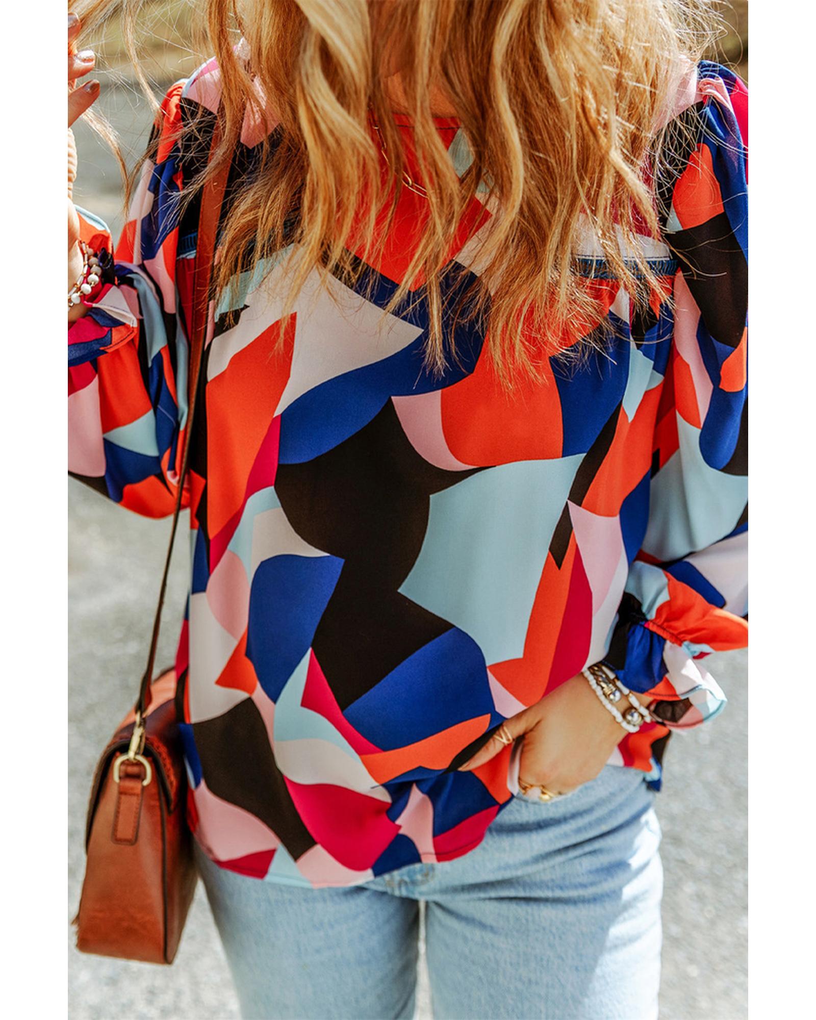 Azura Exchange Ruffled Puff Sleeve Abstract Pattern Blouse - S