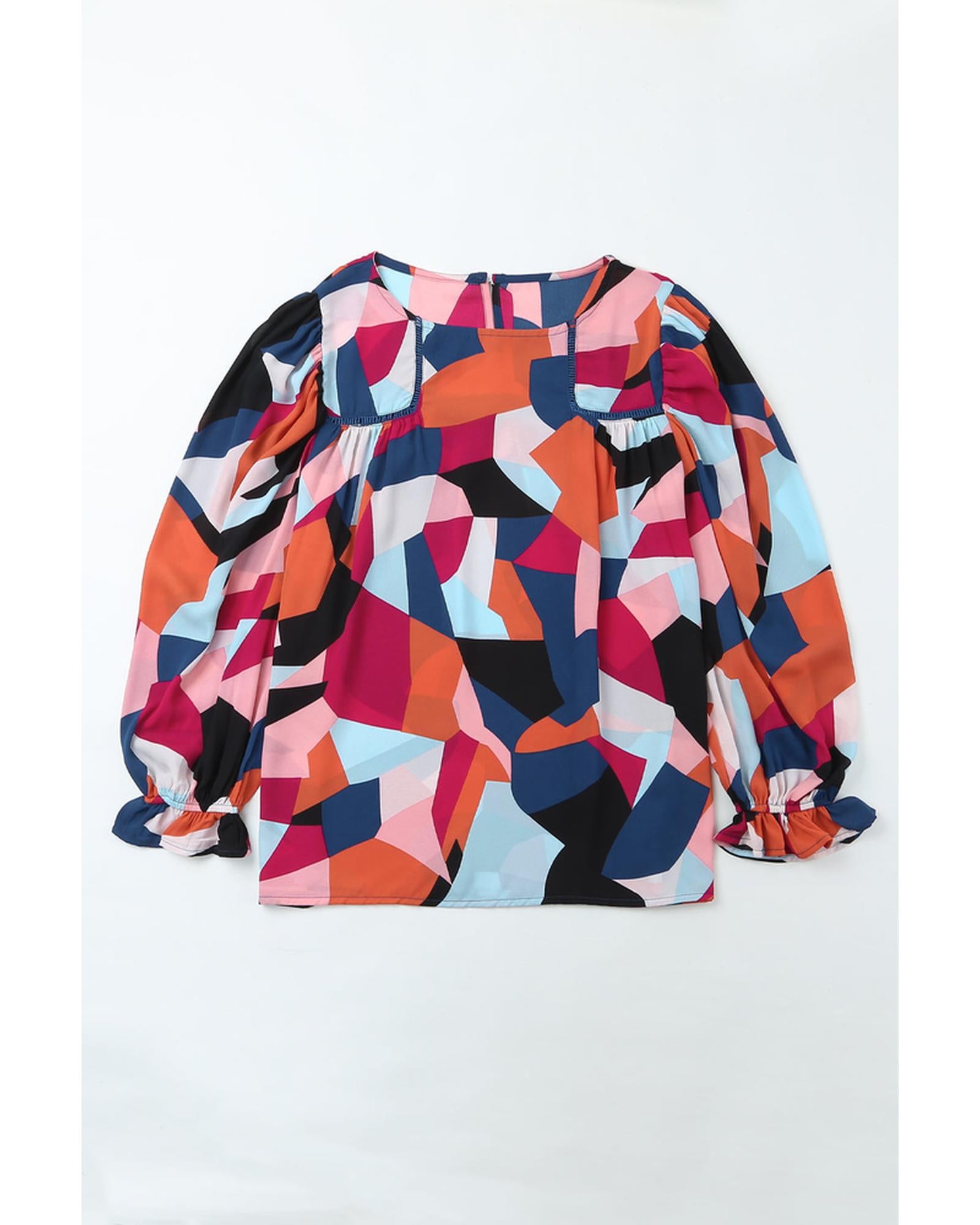 Azura Exchange Ruffled Puff Sleeve Abstract Pattern Blouse - S