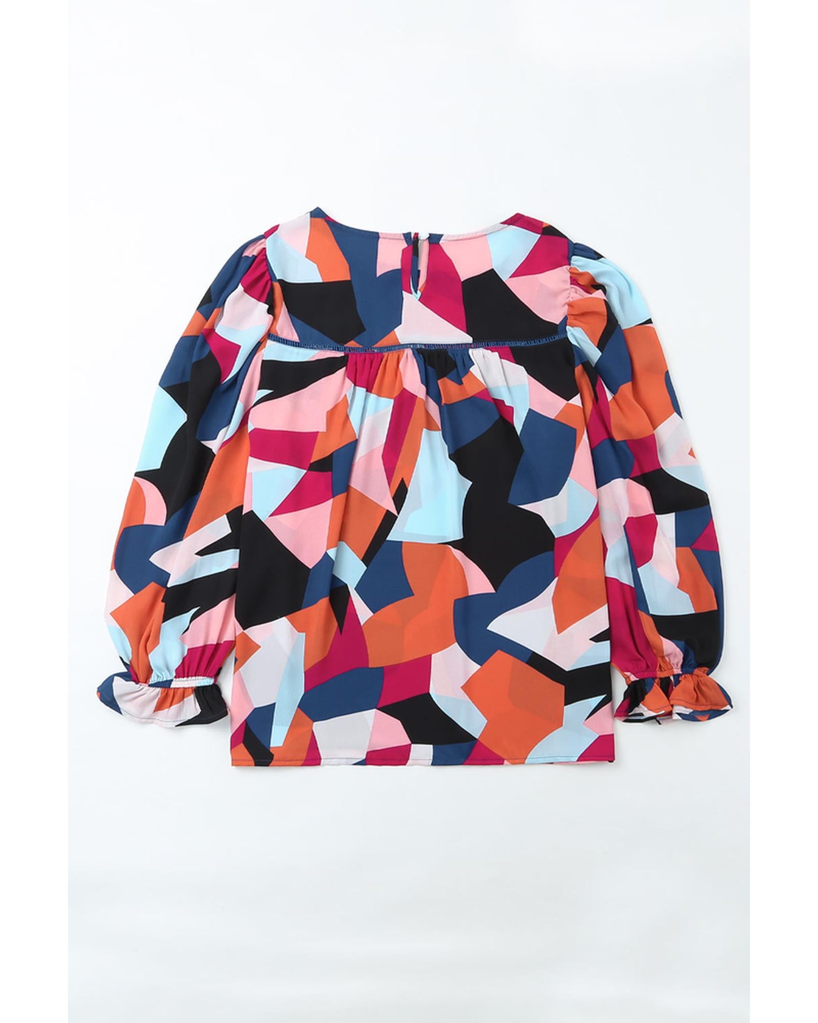 Azura Exchange Ruffled Puff Sleeve Abstract Pattern Blouse - S