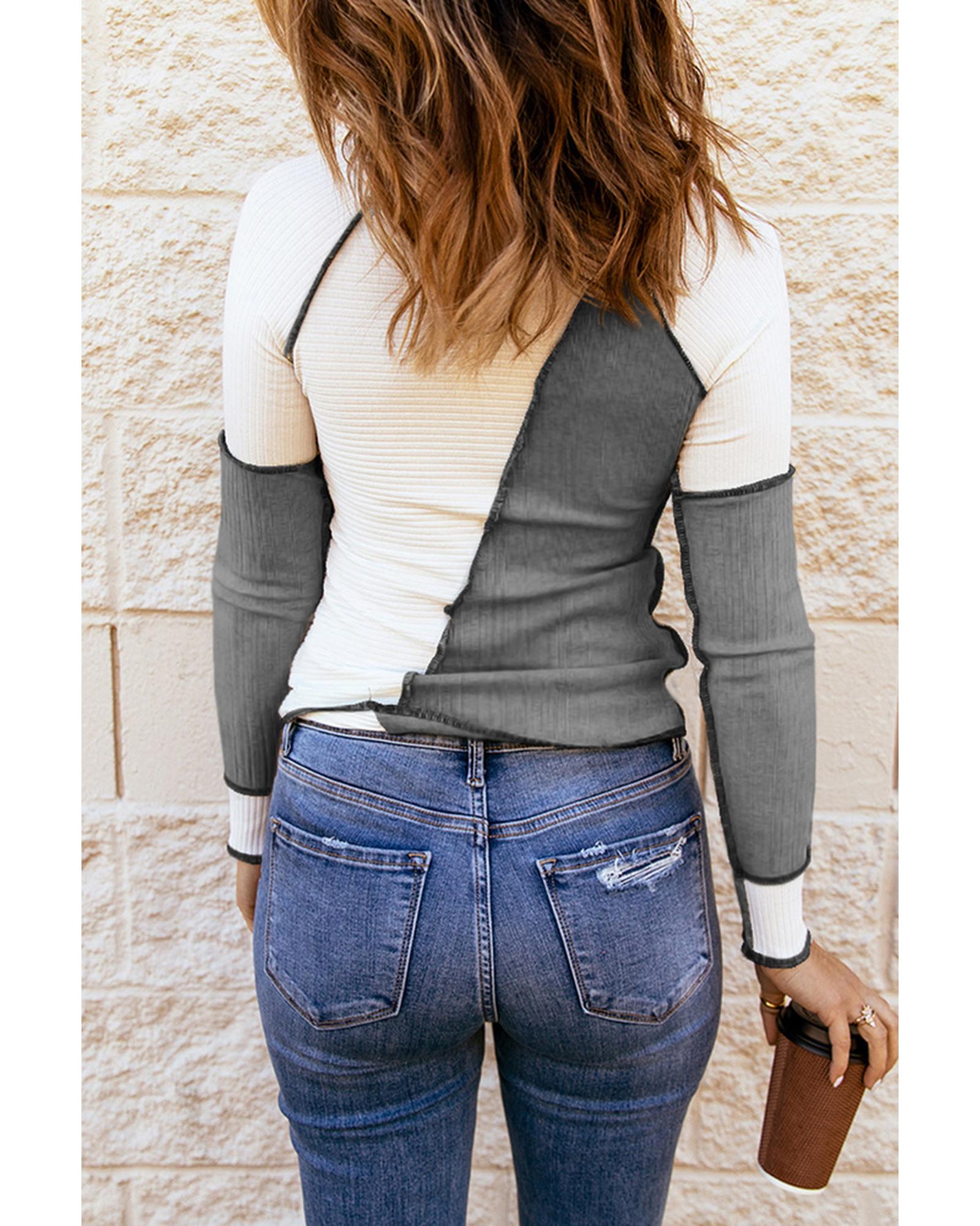 Azura Exchange Color Block Rib Knit Top with Irregular Seaming Trim - XL