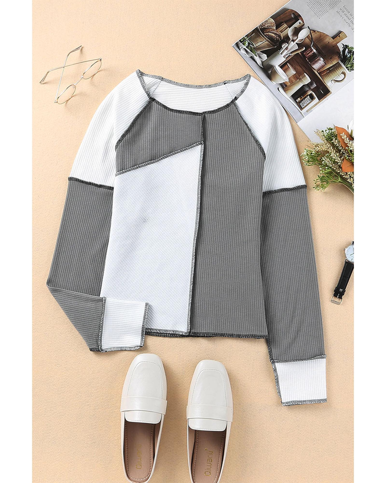 Azura Exchange Color Block Rib Knit Top with Irregular Seaming Trim - XL