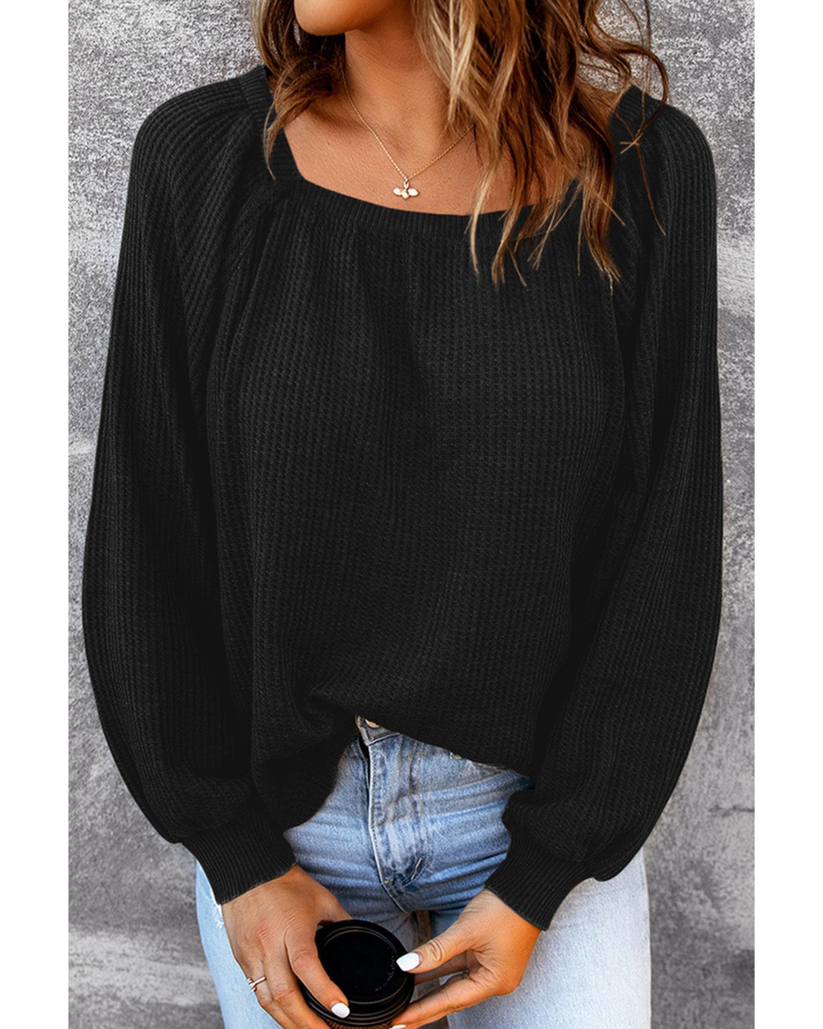 Azura Exchange Puff Sleeve Waffle Knit Top - XL