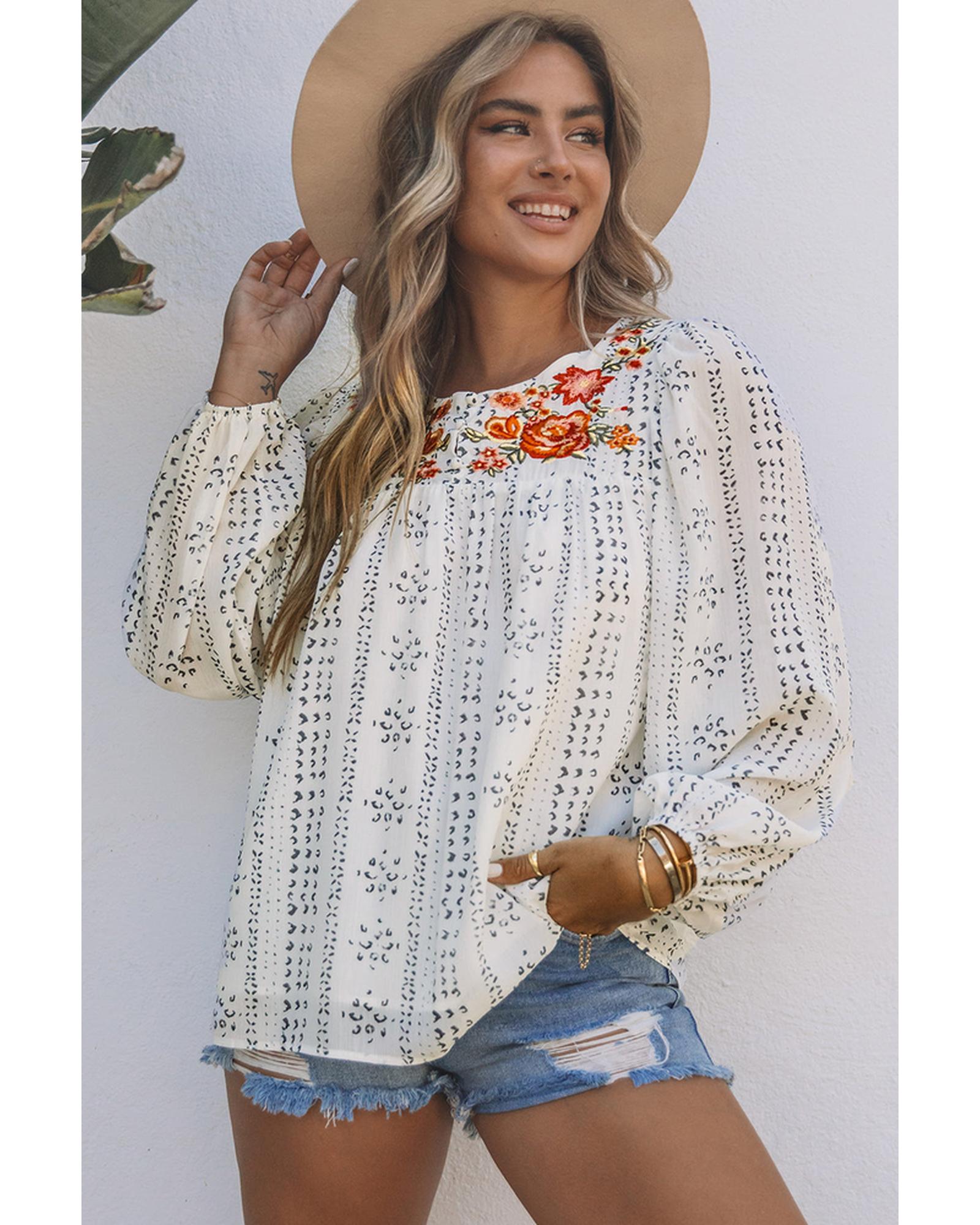 Azura Exchange Long Sleeve Embroidered Print Blouse - M