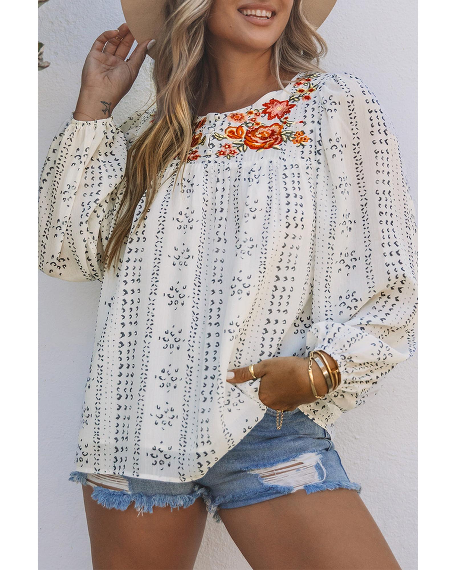 Azura Exchange Long Sleeve Embroidered Print Blouse - M