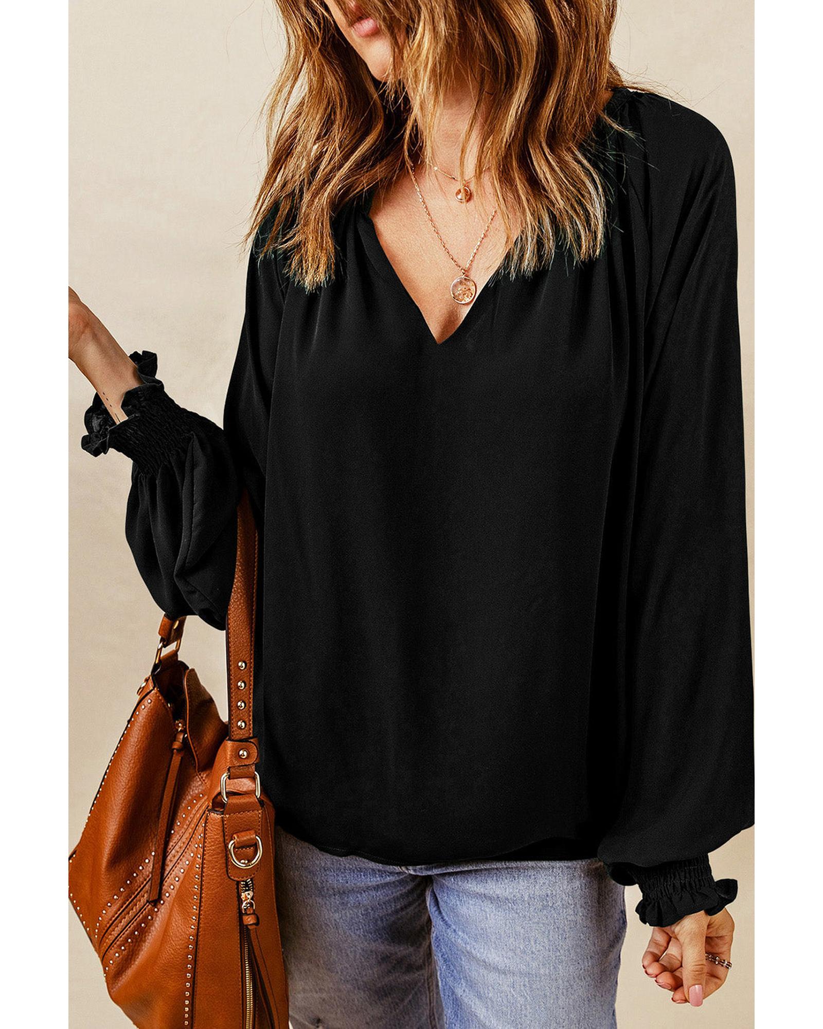 Azura Exchange Pleated V Neck Puffy Sleeve Blouse - M