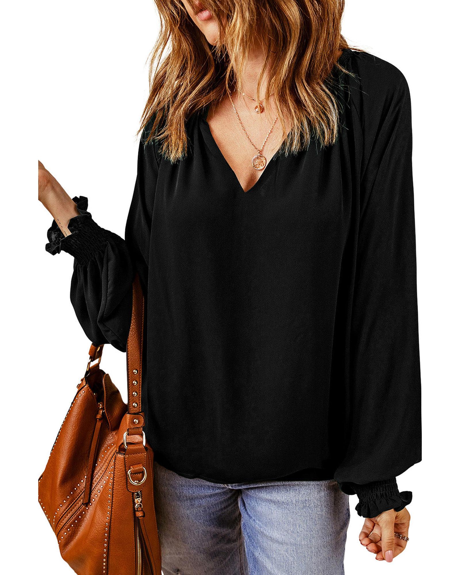 Azura Exchange Pleated V Neck Puffy Sleeve Blouse - M