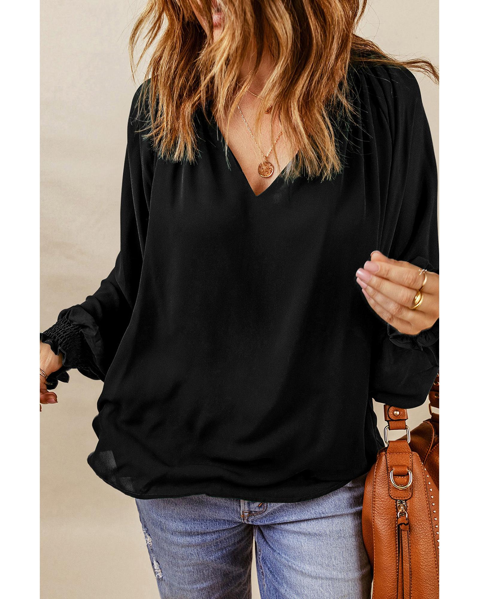 Azura Exchange Pleated V Neck Puffy Sleeve Blouse - M