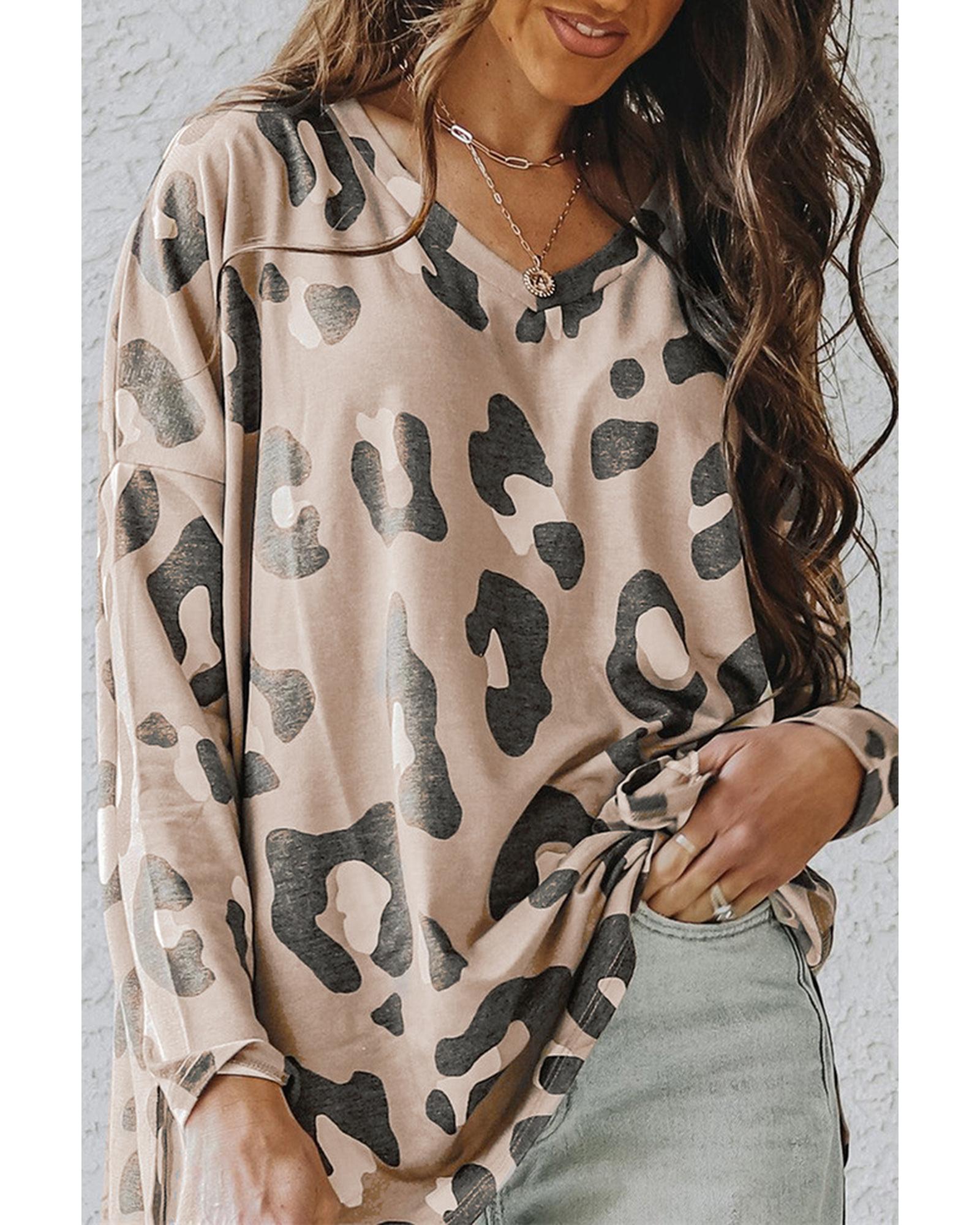 Azura Exchange Leopard Print V Neck Long Sleeve Top - L