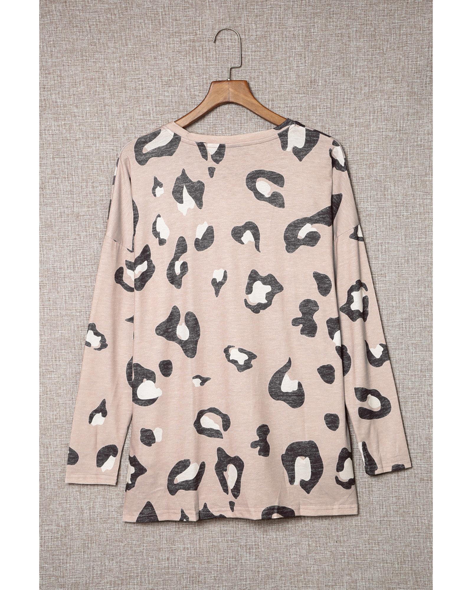 Azura Exchange Leopard Print V Neck Long Sleeve Top - L