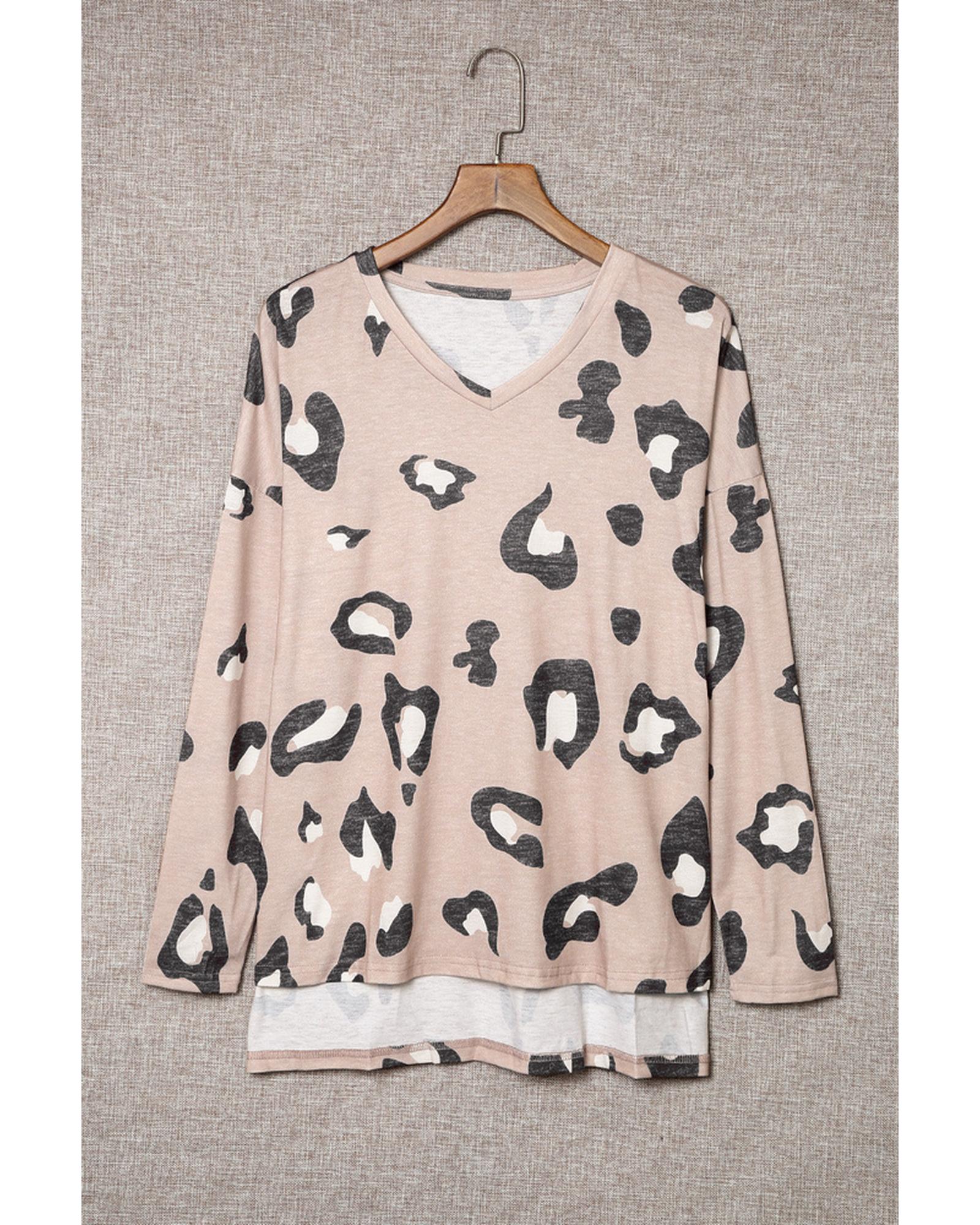 Azura Exchange Leopard Print V Neck Long Sleeve Top - M