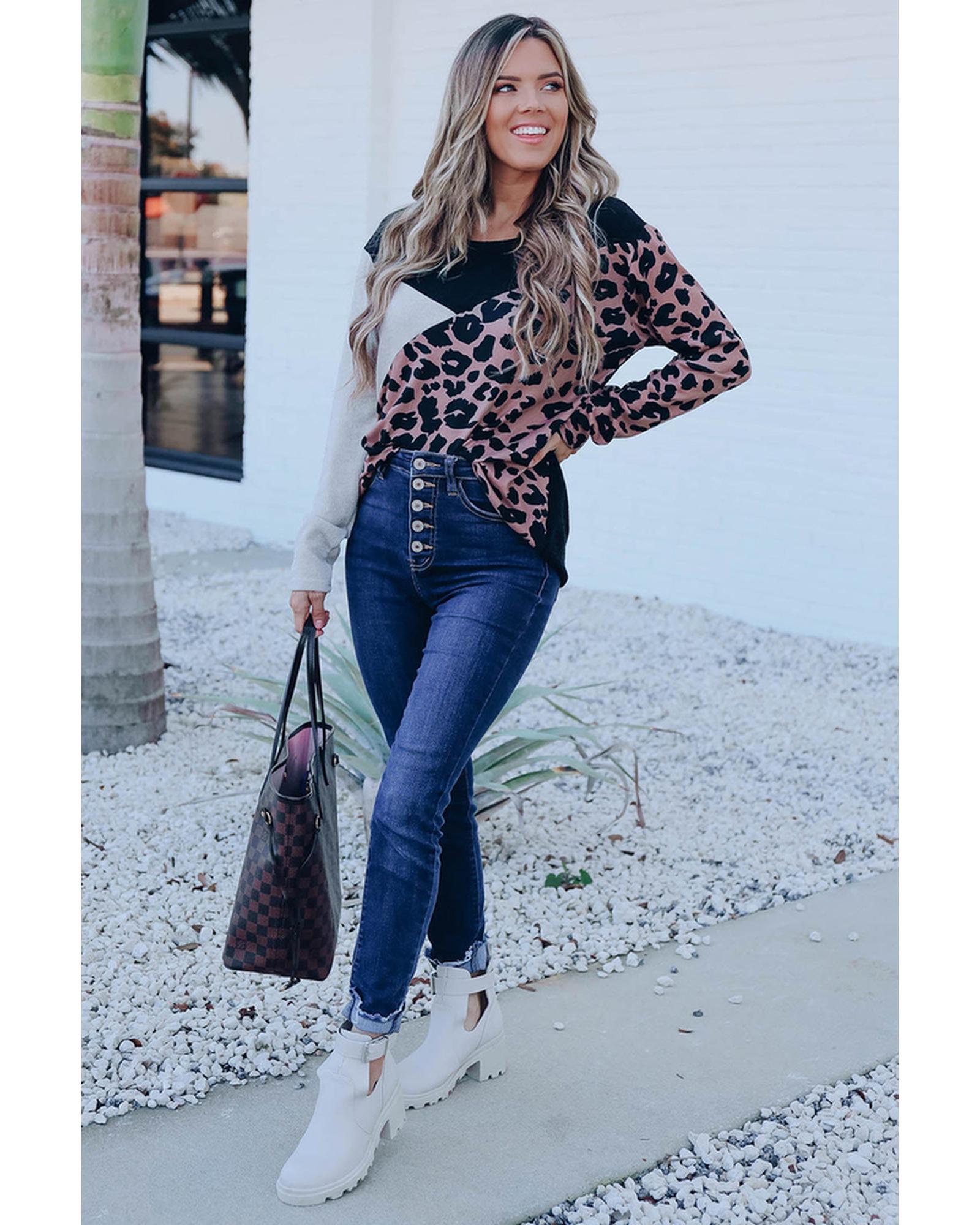 Azura Exchange Leopard Colorblock Long Sleeve Top - M