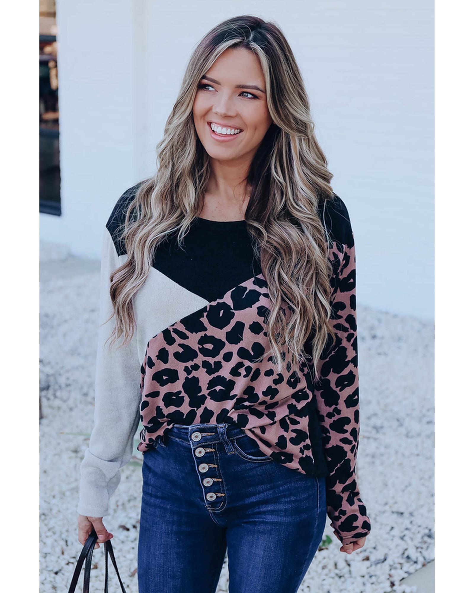 Azura Exchange Leopard Colorblock Long Sleeve Top - S
