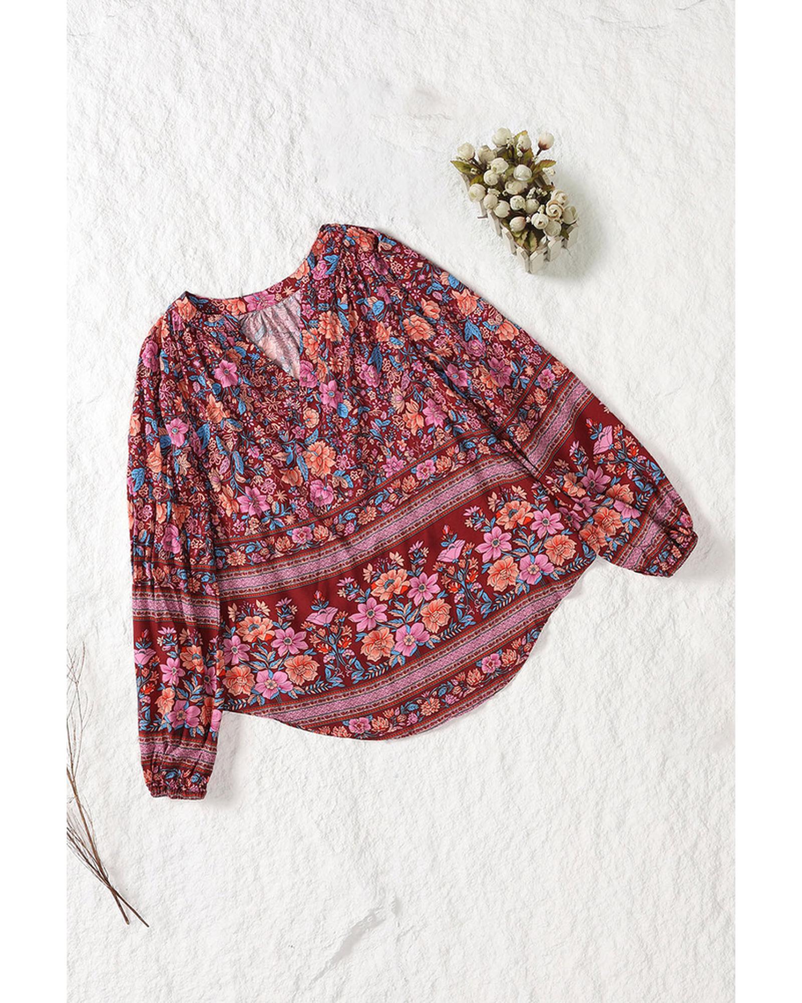 Azura Exchange V Neck Long Sleeve Blouse with Floral Print - 2XL