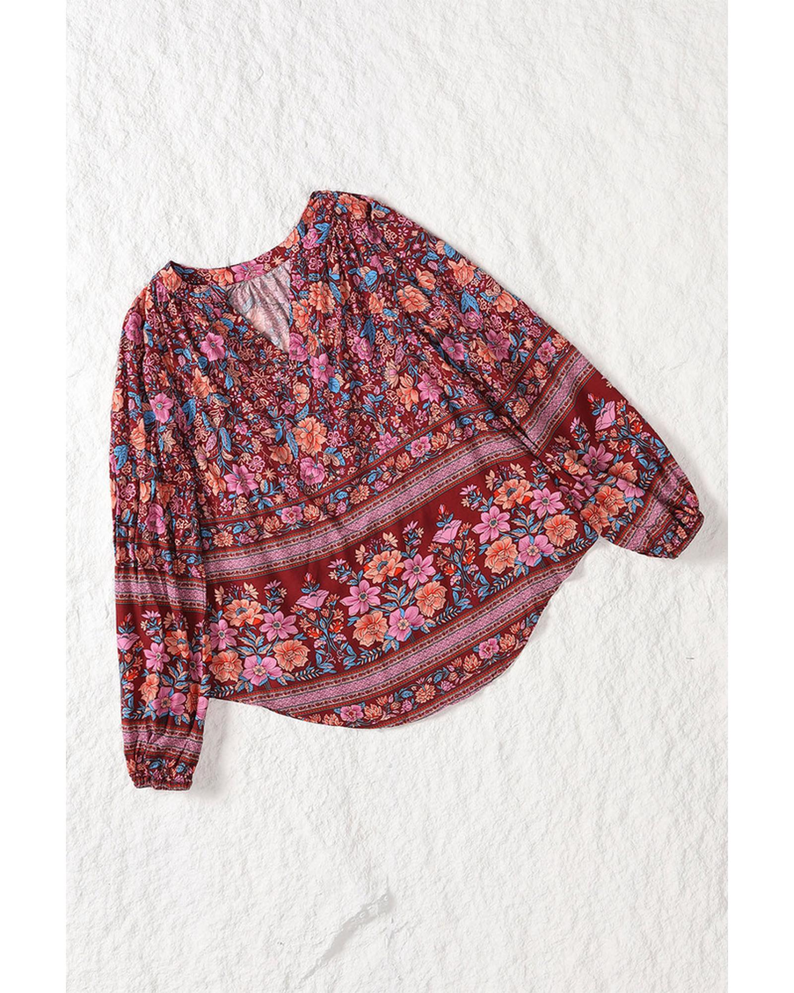 Azura Exchange V Neck Long Sleeve Blouse with Floral Print - 2XL