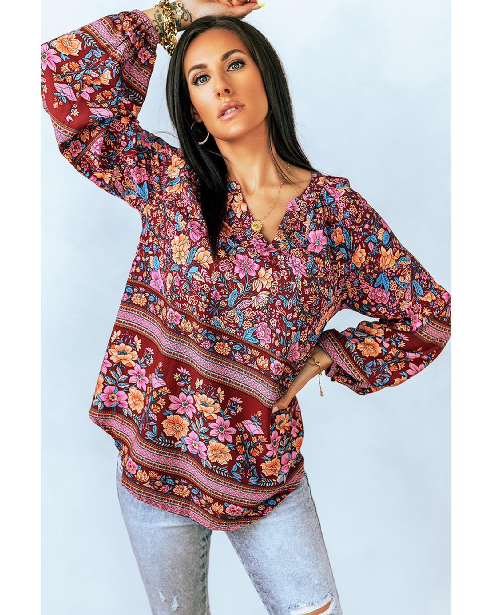 Azura Exchange V Neck Long Sleeve Blouse with Floral Print - L