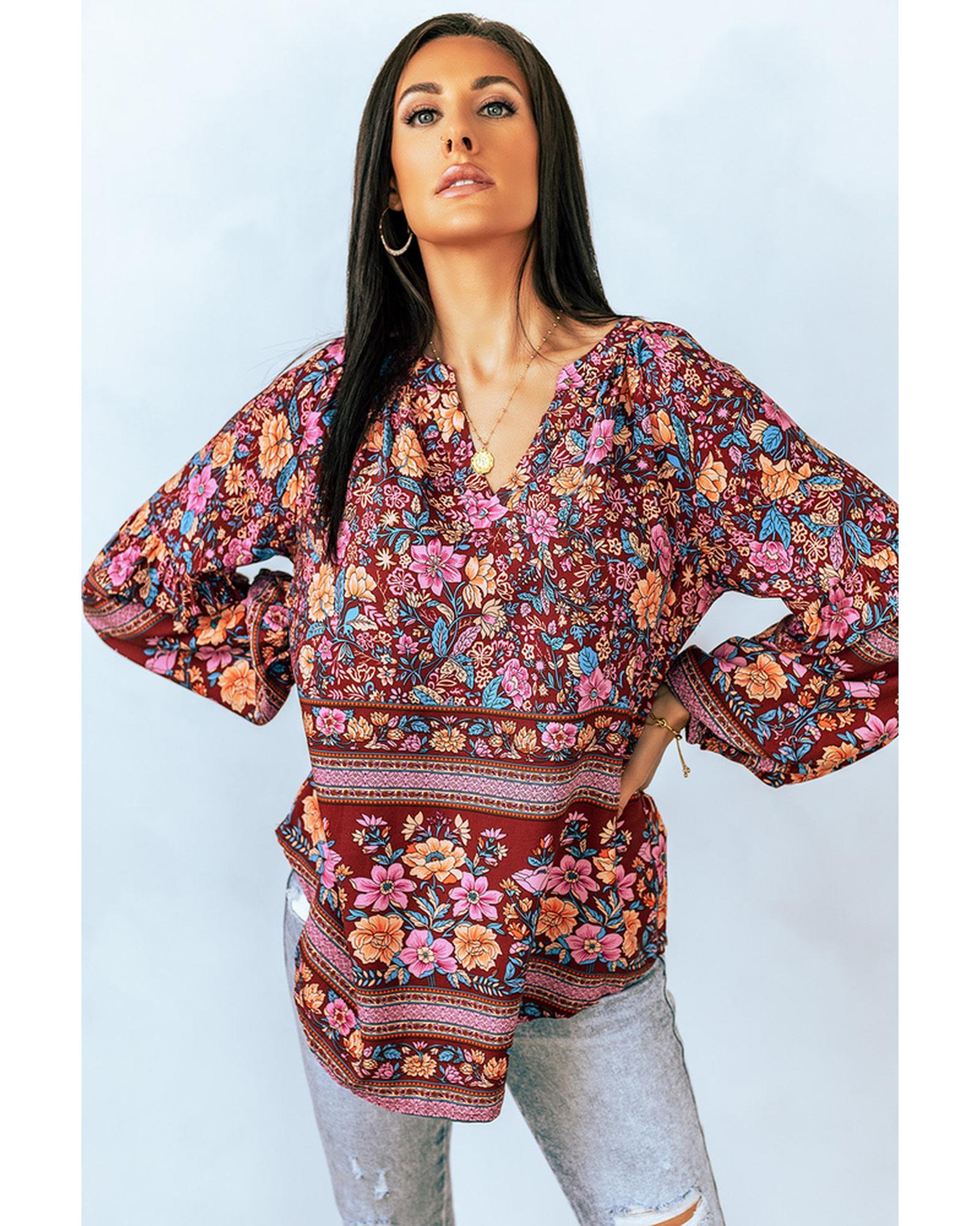 Azura Exchange V Neck Long Sleeve Blouse with Floral Print - M