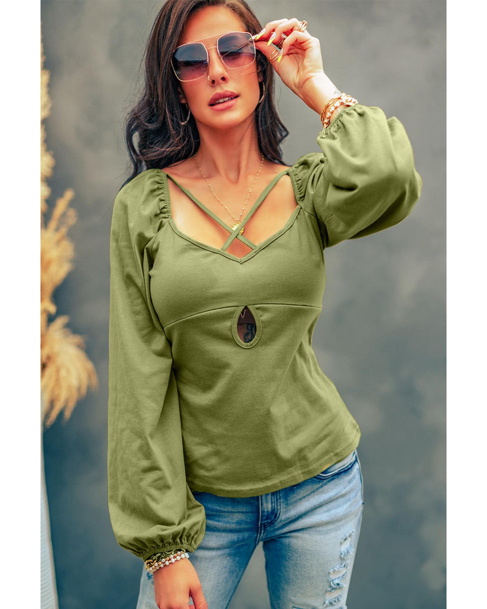 Azura Exchange Criss Cross Sweetheart Neck Long Sleeve Top - L