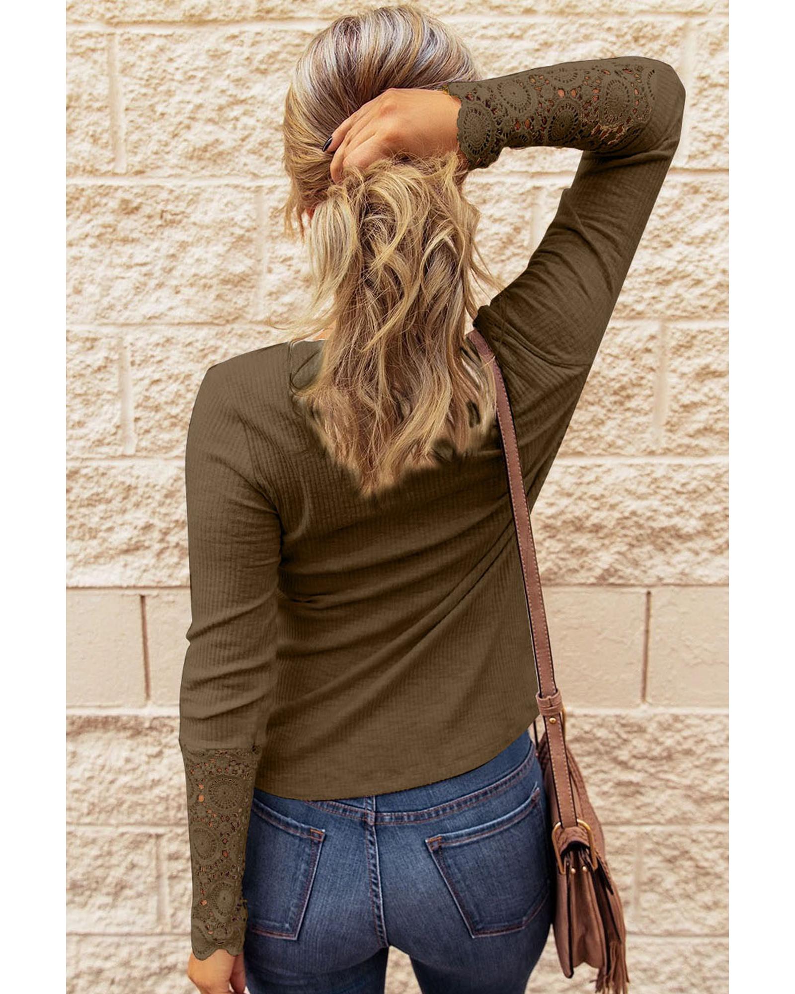 Azura Exchange Lace Hem Sleeve Button Top - M