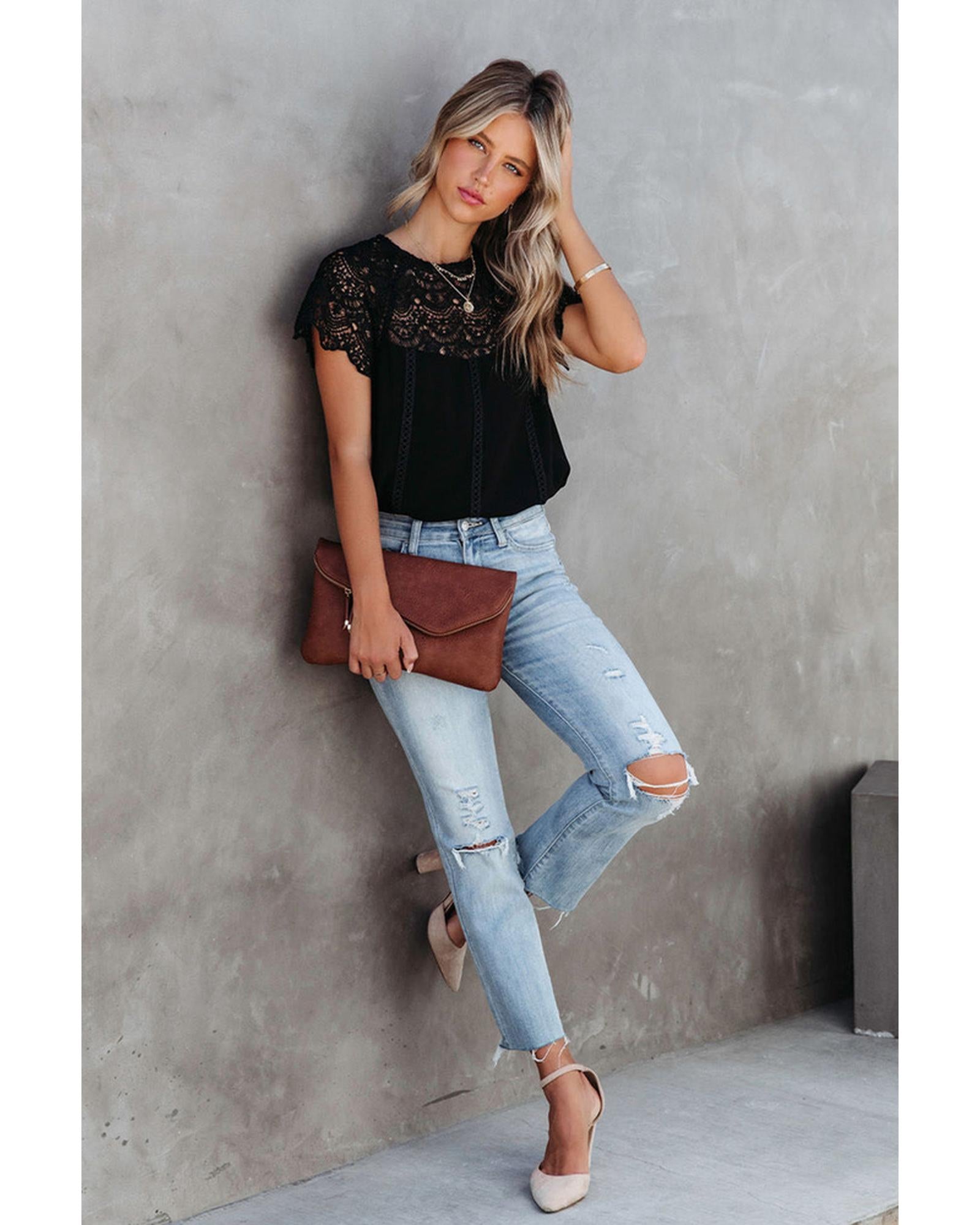Azura Exchange Lace Crochet Patchwork Blouse - M