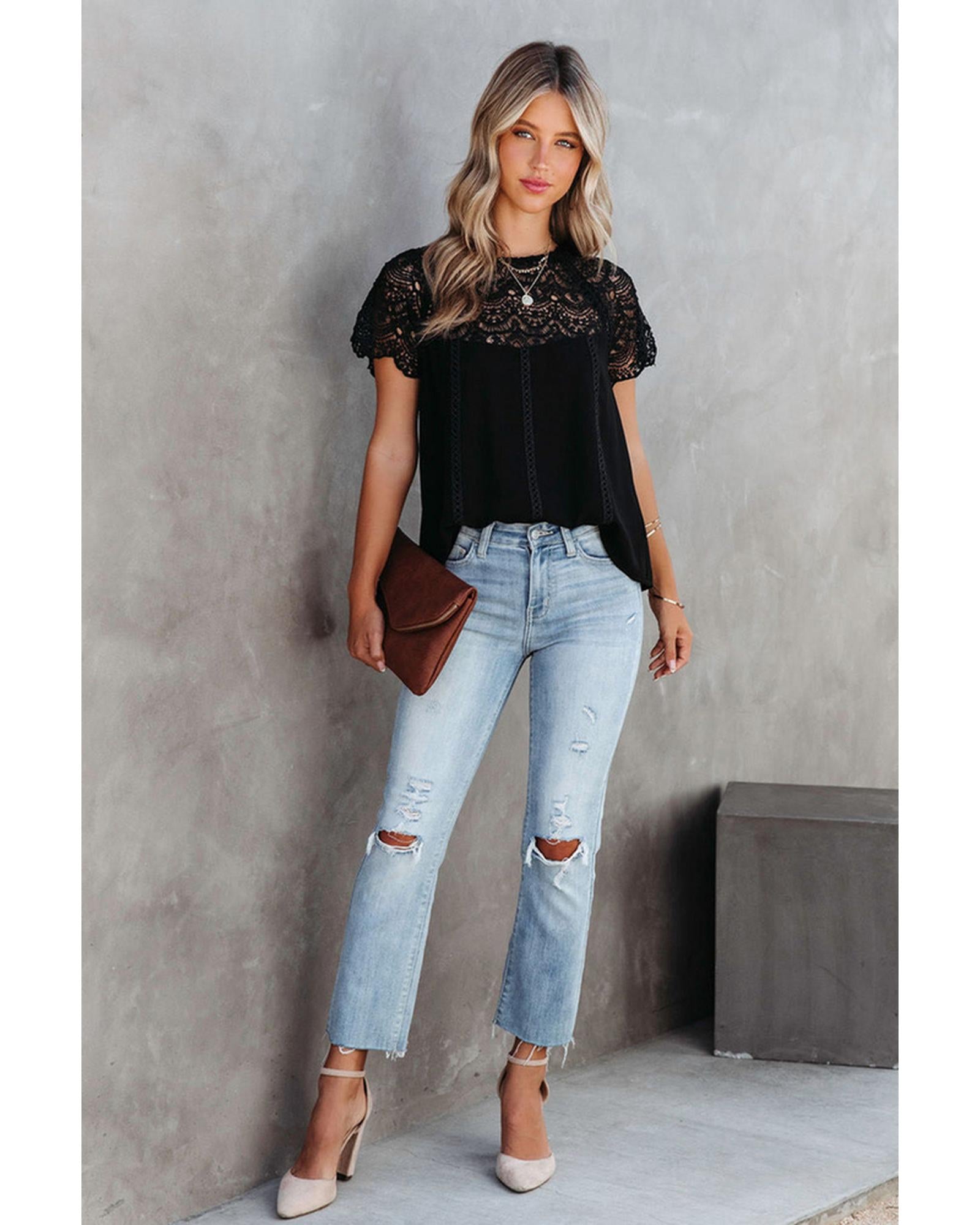 Azura Exchange Lace Crochet Patchwork Blouse - S