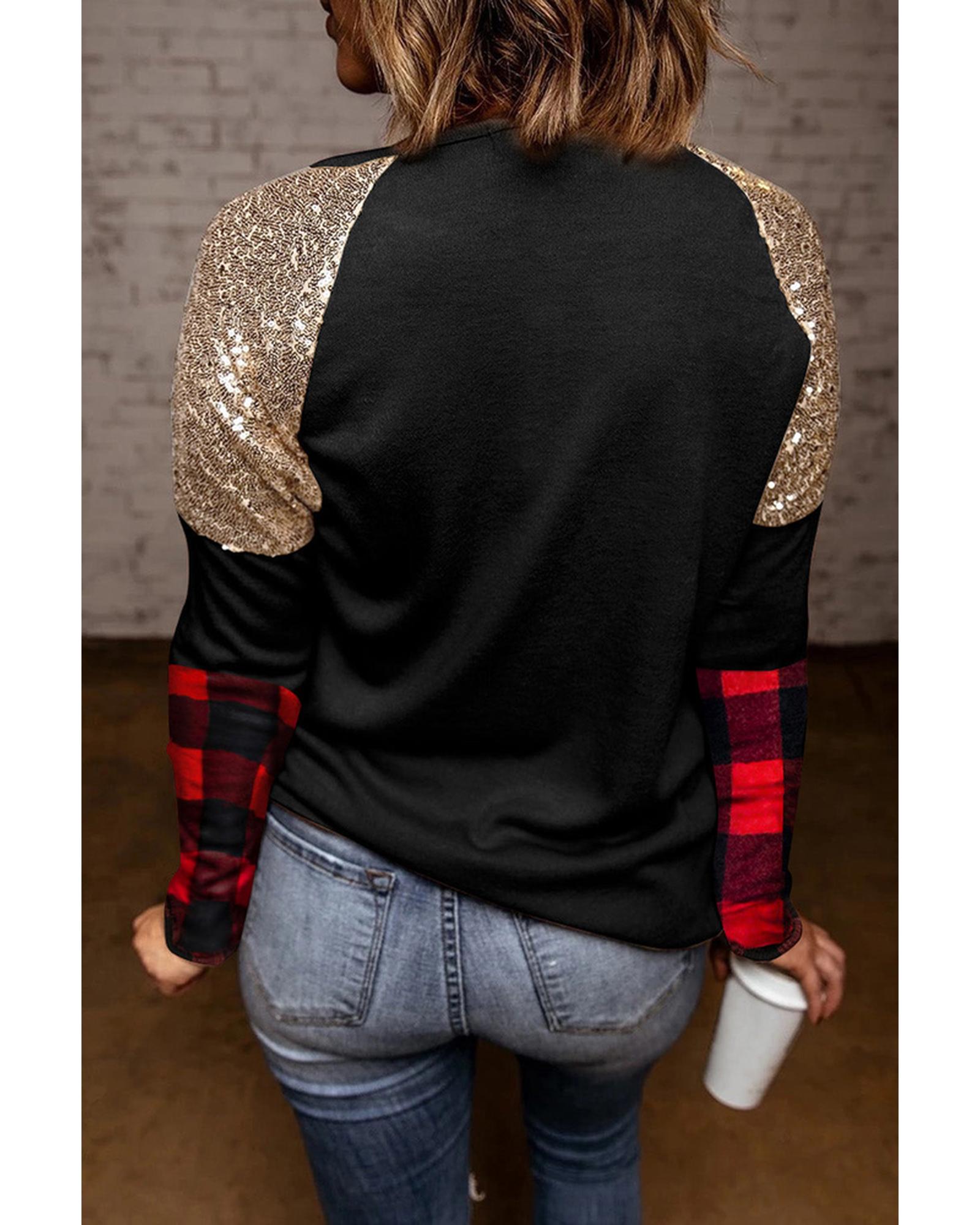 Azura Exchange Glass Print Sequin Plaid Patchwork Top - M