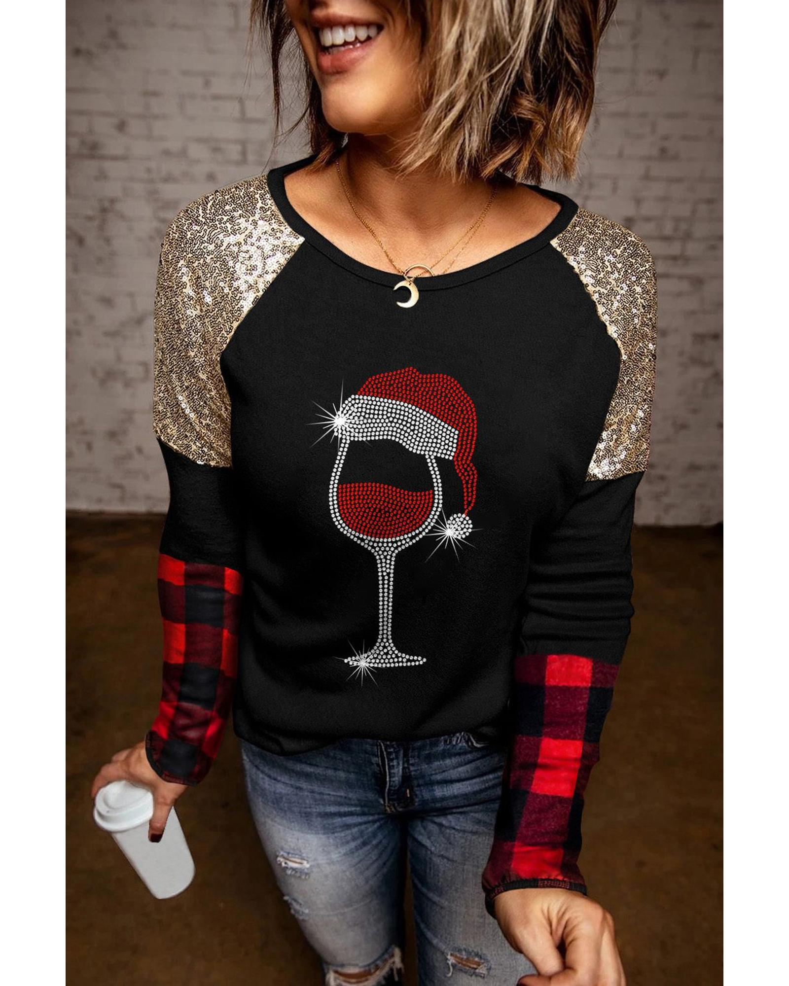 Azura Exchange Glass Print Sequin Plaid Patchwork Top - S