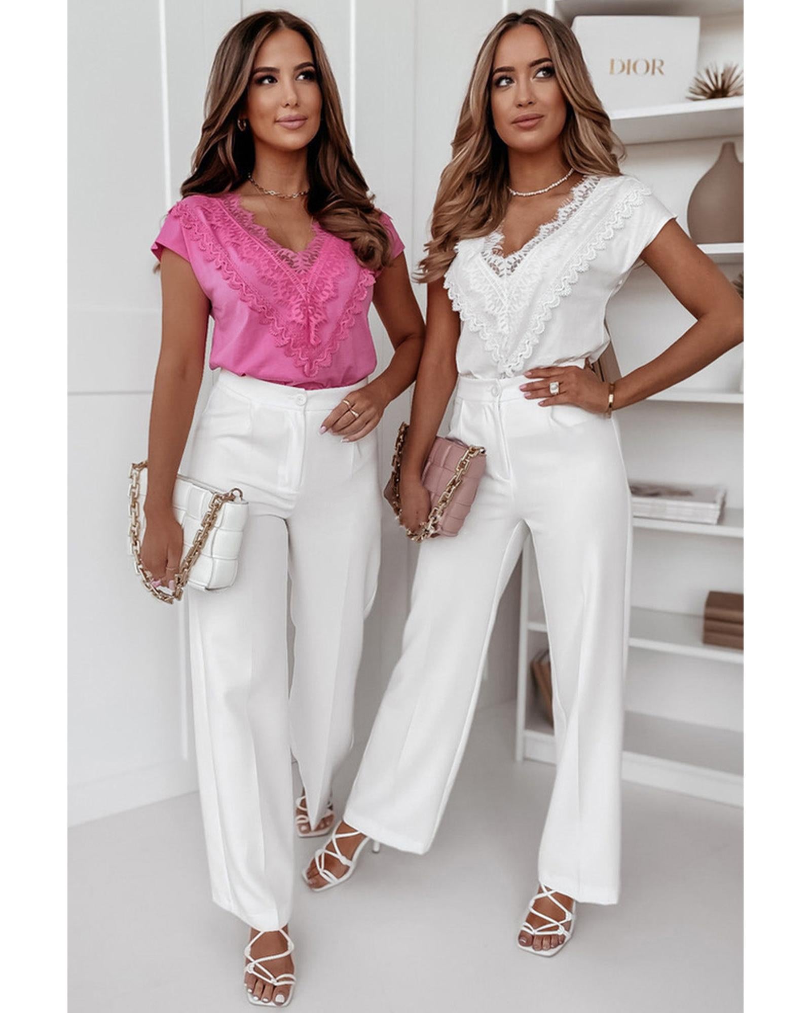 Azura Exchange Eyelash Lace Trim V Neck Top - L