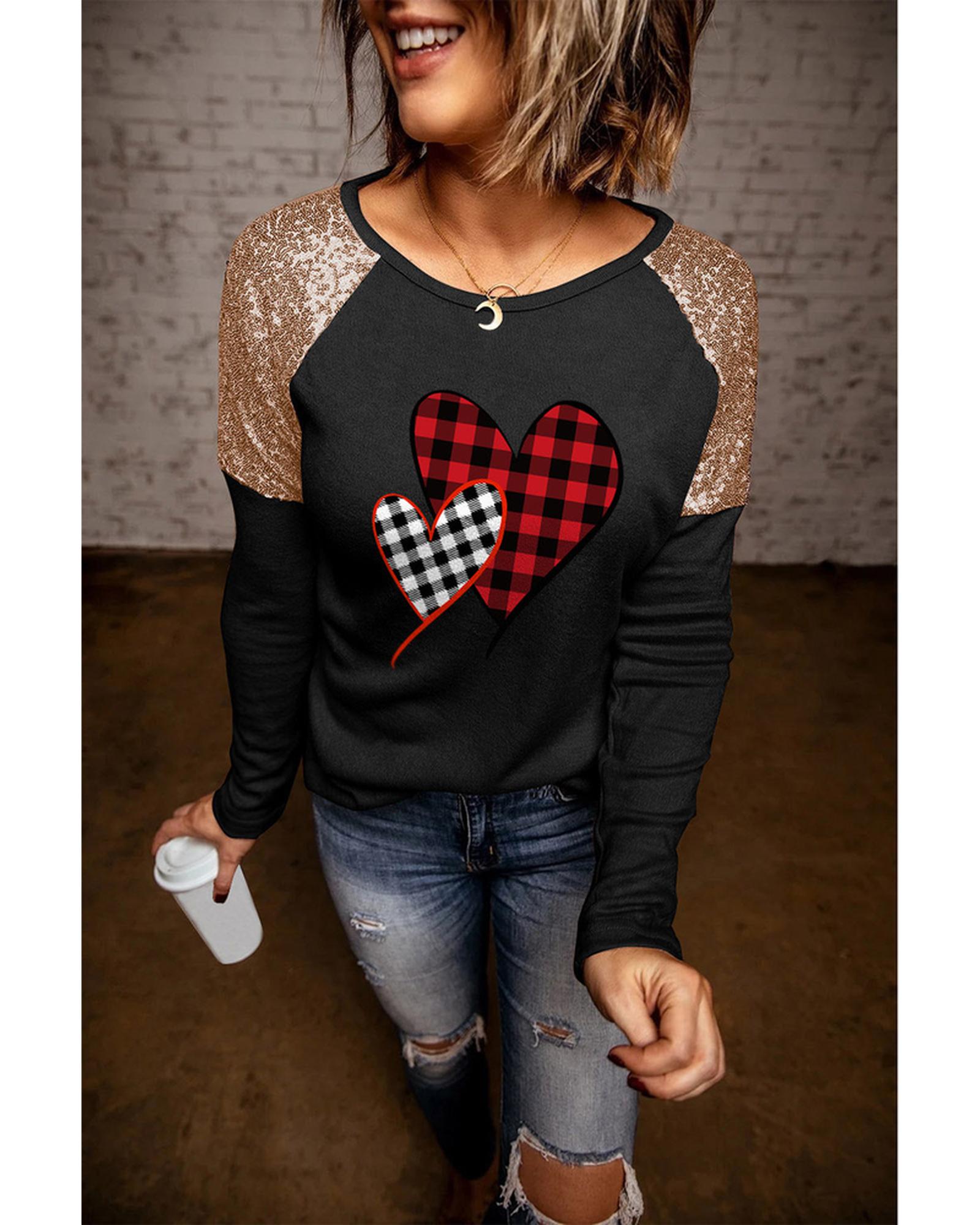 Azura Exchange Plaid Print Sequin Patchwork Long Sleeve Top - L