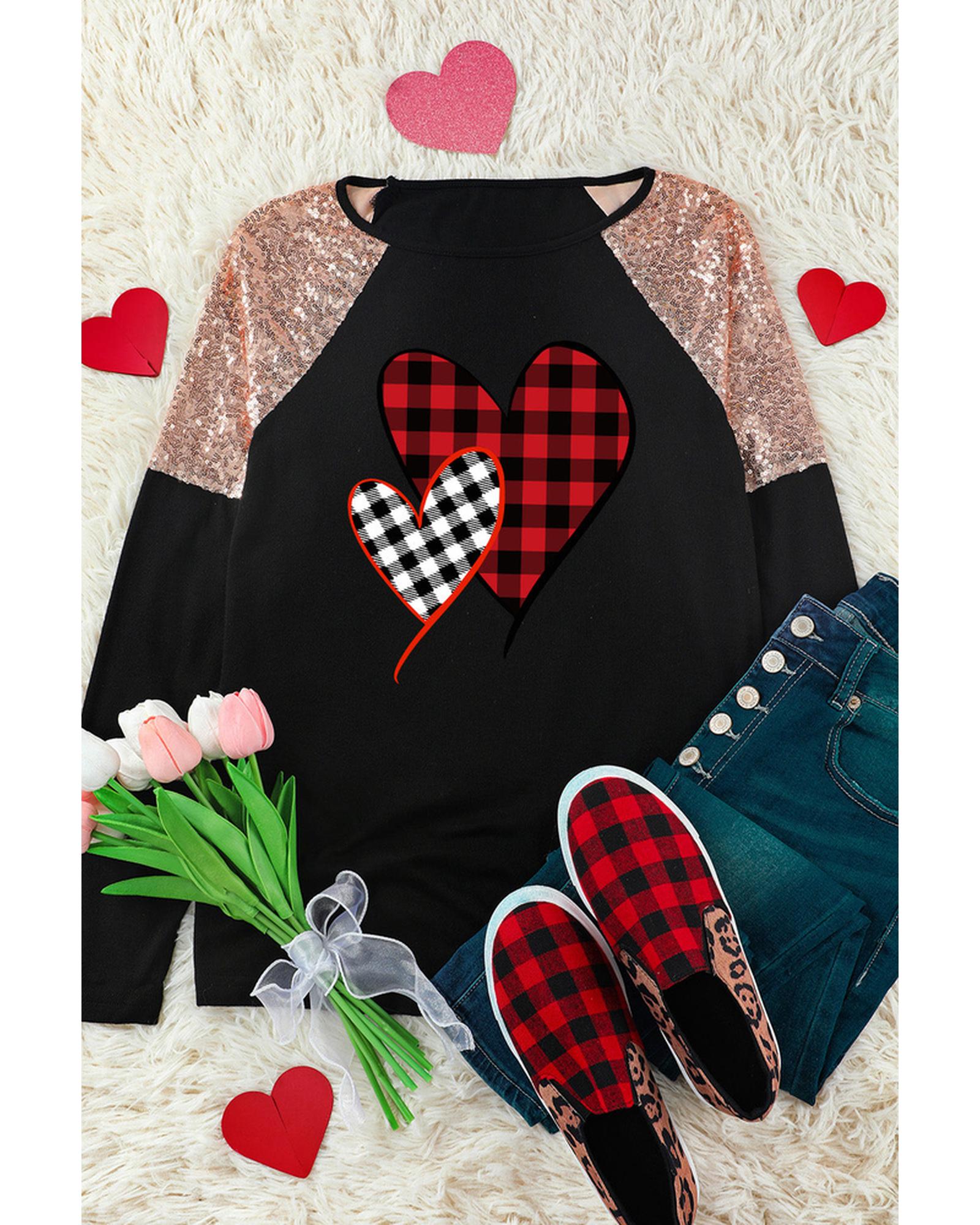 Azura Exchange Plaid Print Sequin Patchwork Long Sleeve Top - L