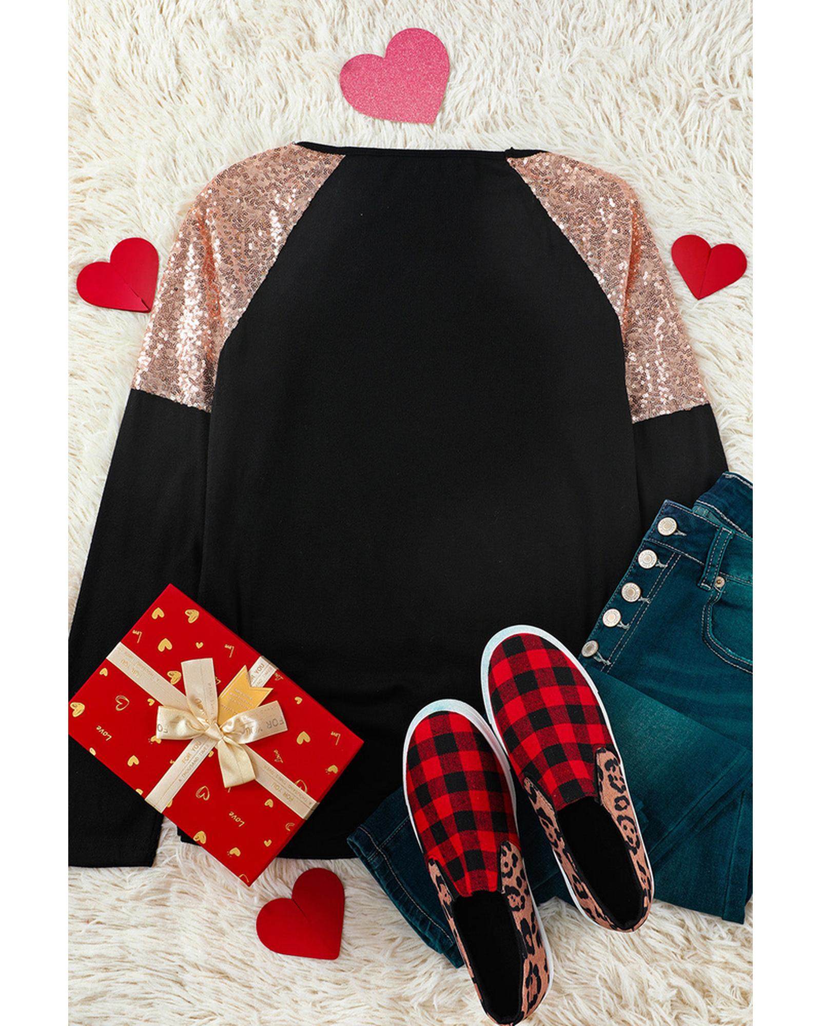 Azura Exchange Plaid Print Sequin Patchwork Long Sleeve Top - M