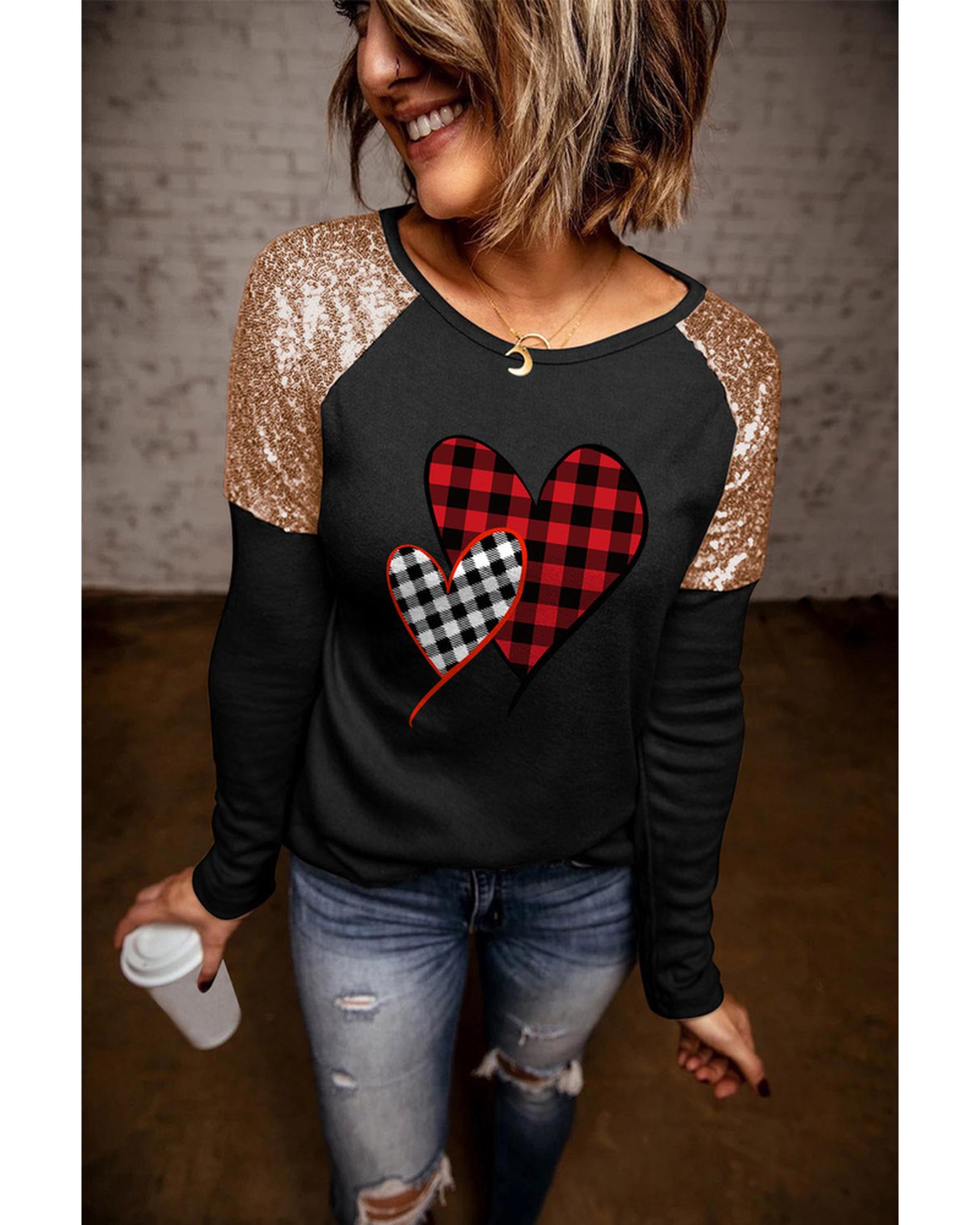 Azura Exchange Plaid Print Sequin Patchwork Long Sleeve Top - S