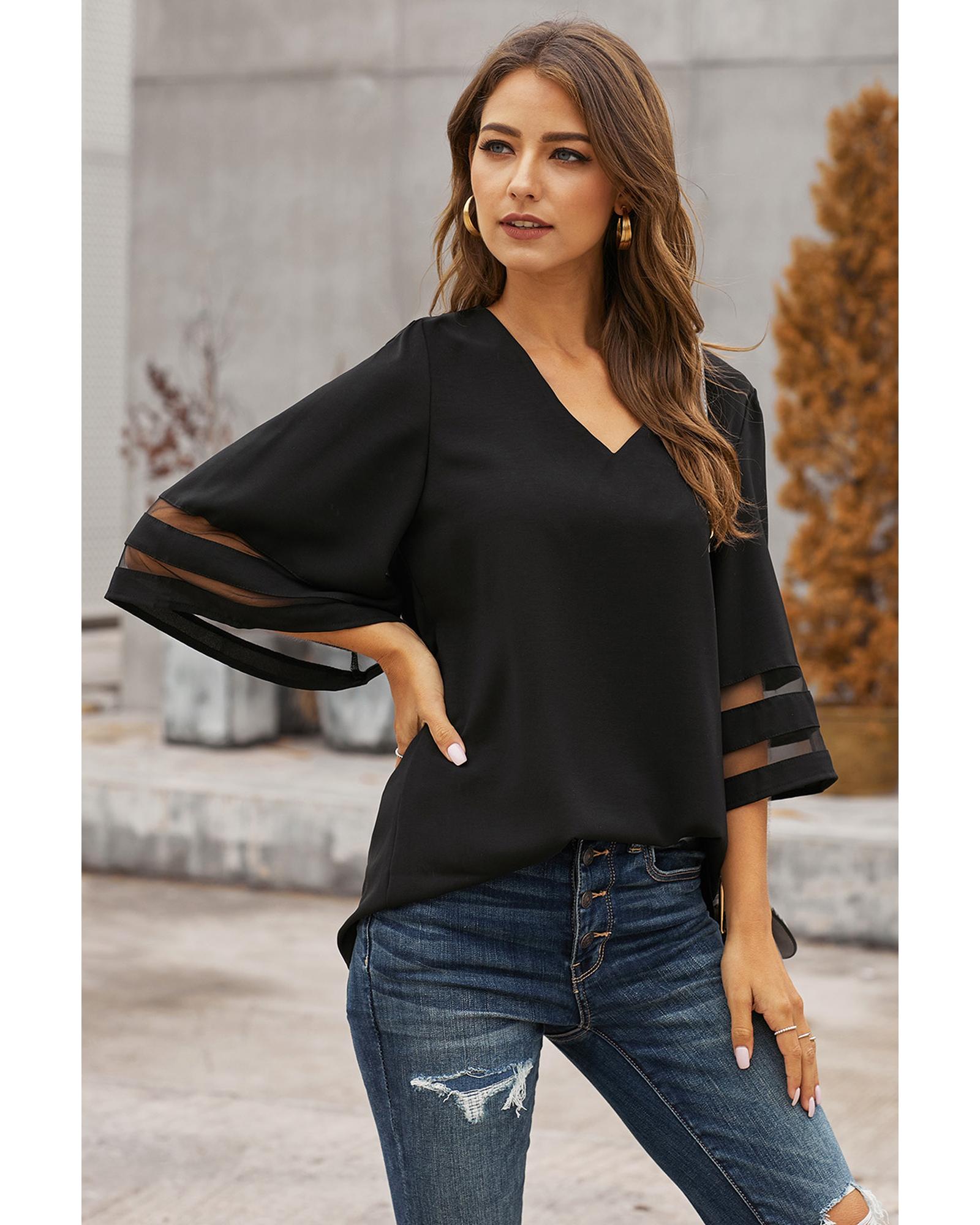 Black Flare Sleeve V Neck Loose Blouse - S