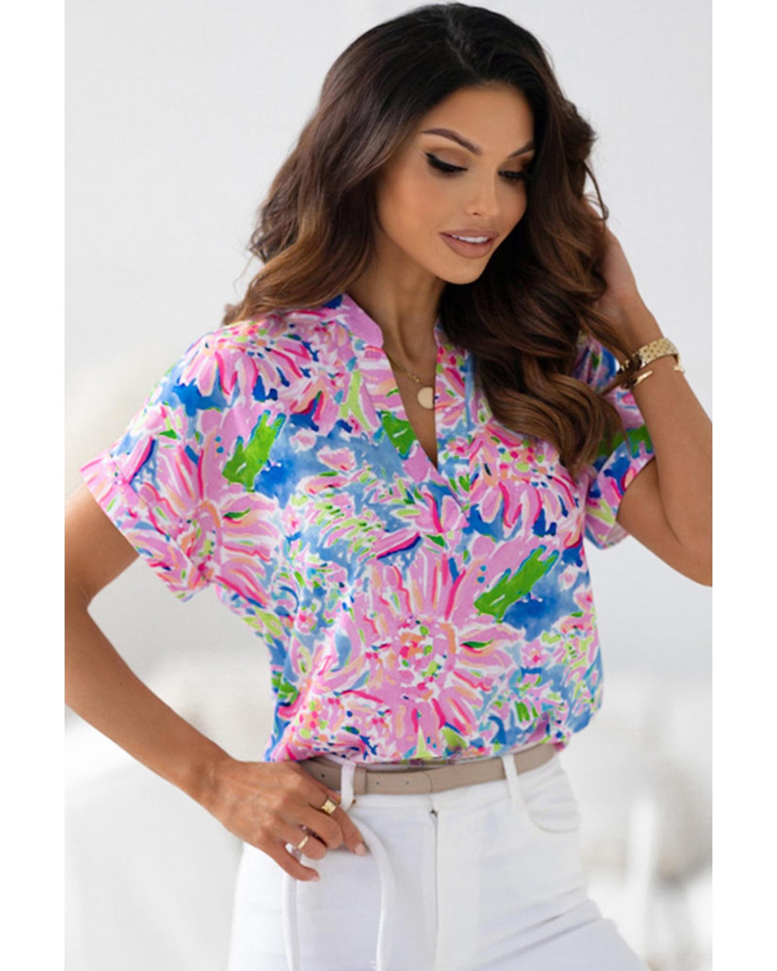 Azura Exchange Abstract Floral Print Notch V Neck Blouse - L