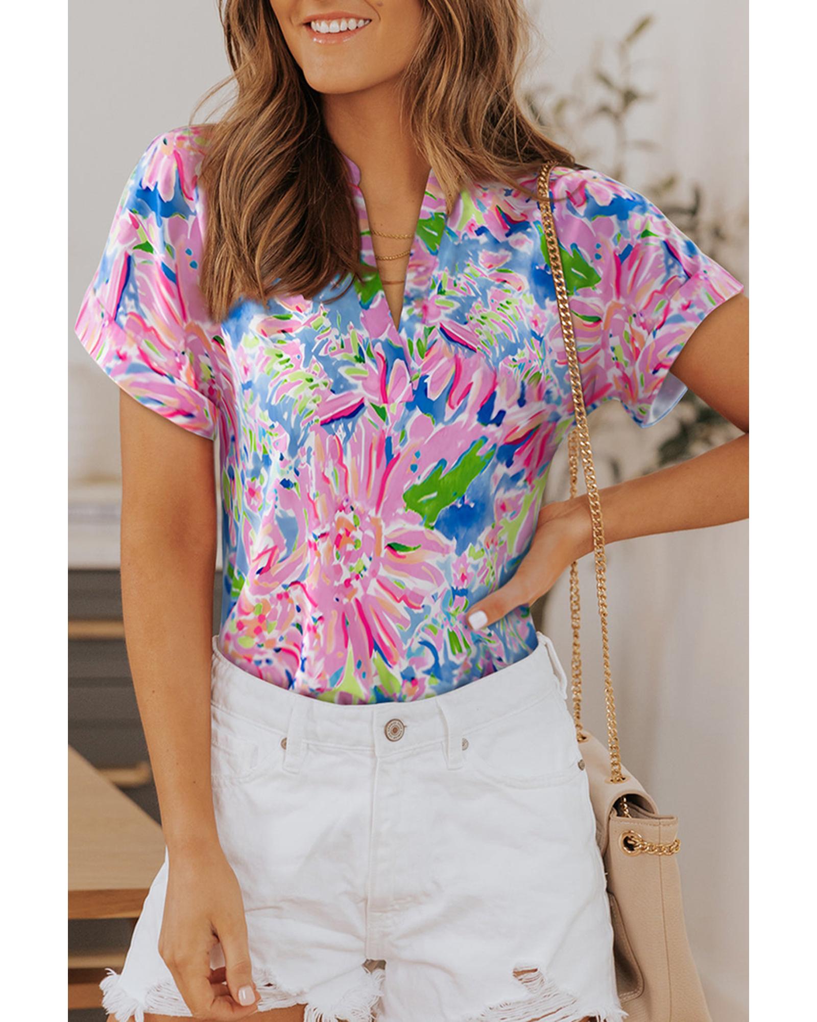 Azura Exchange Abstract Floral Print Notch V Neck Blouse - L