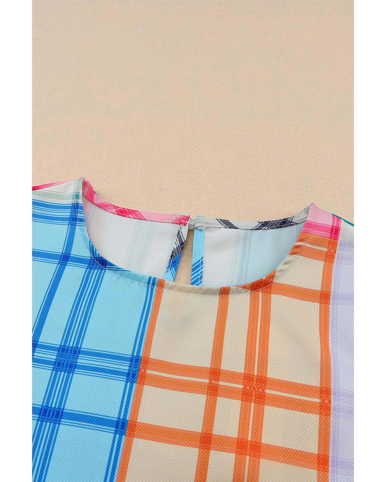 Azura Exchange Bold Plaid Color Block Puff Sleeve Peplum Top - XL