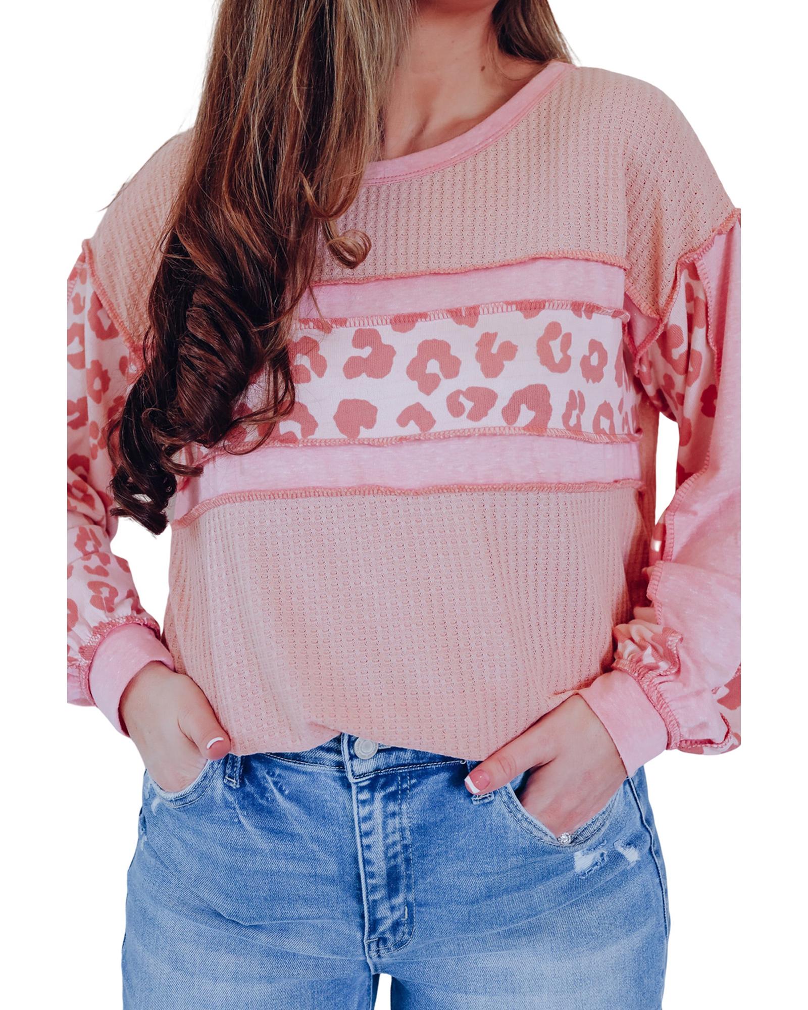 Azura Exchange Leopard Patchwork Waffle Knit Top - S