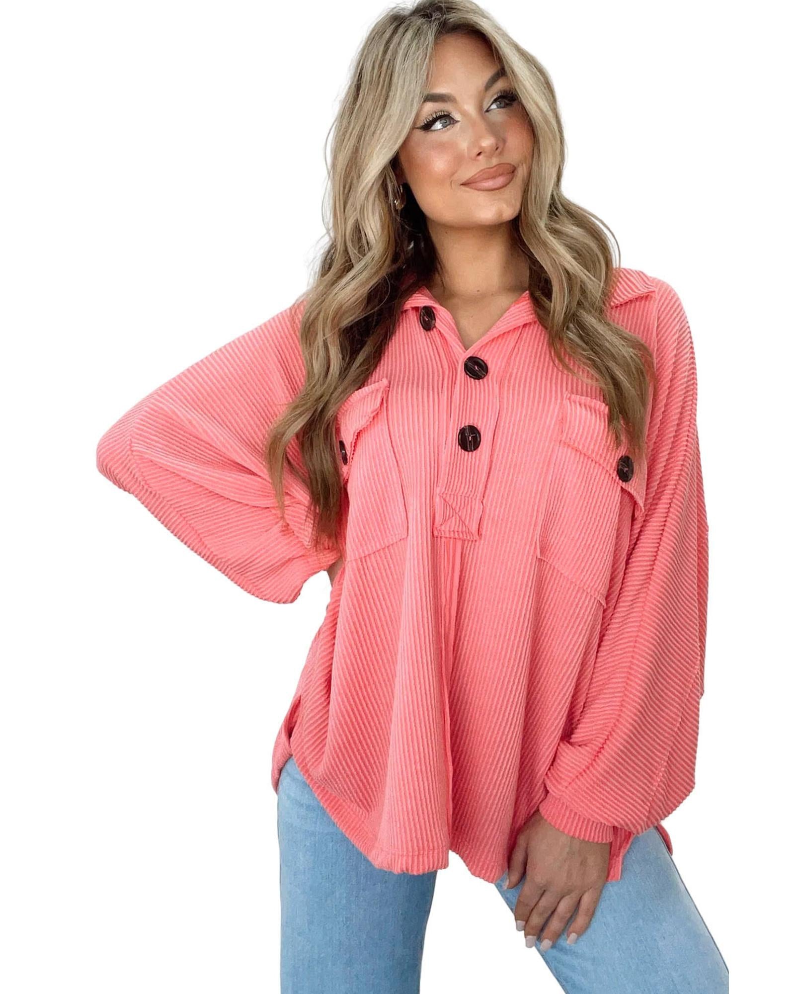 Pink Corded Flap Pocket Henley Top - M