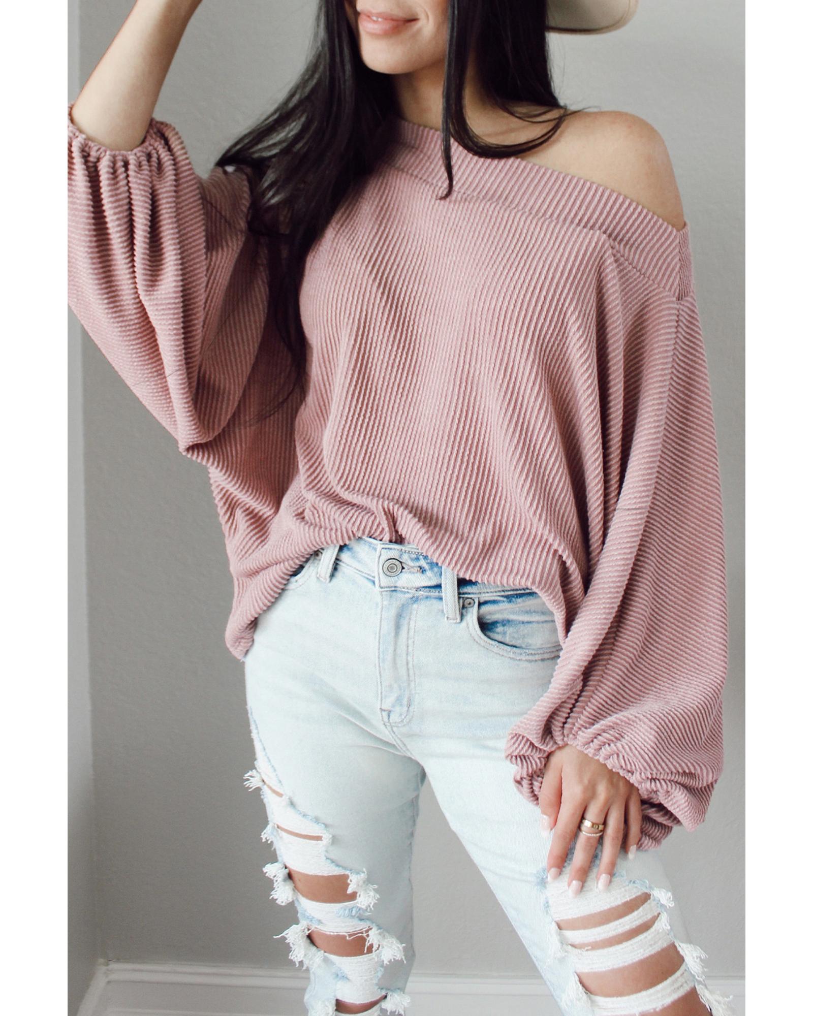 Pink One-Shoulder Balloon Sleeve Ribbed Blouse - S