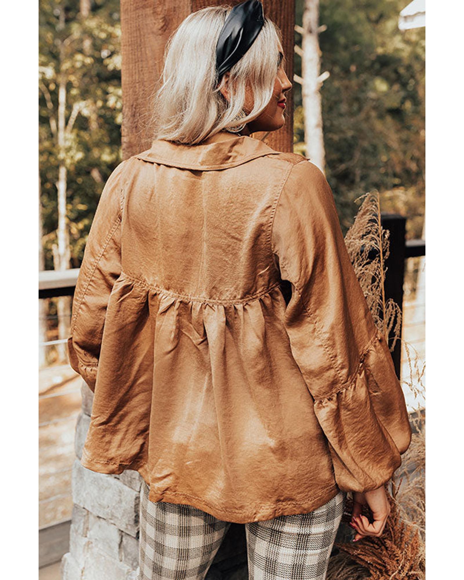 Brown Puff Sleeve Collared Pleated Babydoll Blouse - L