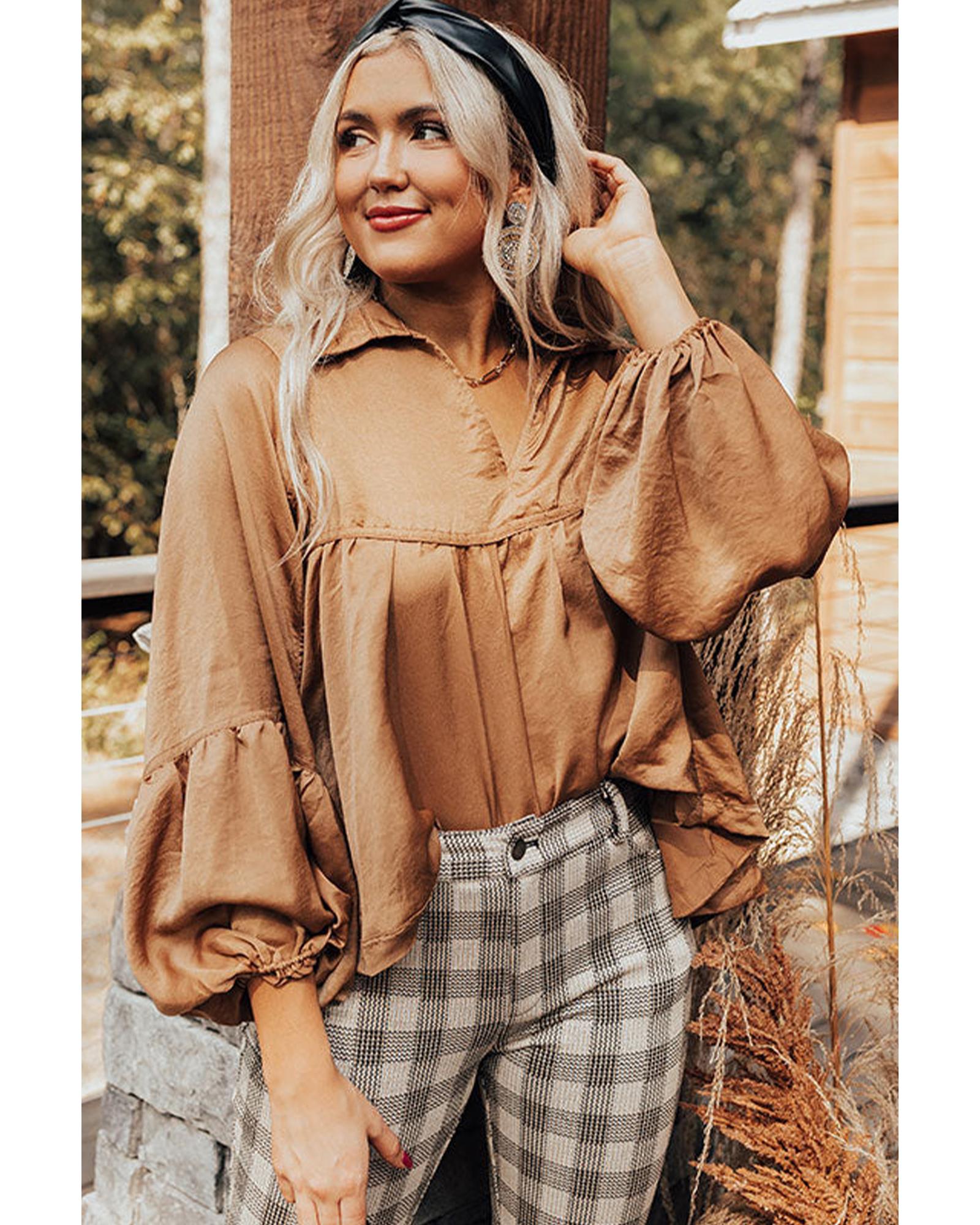 Brown Puff Sleeve Collared Pleated Babydoll Blouse - M